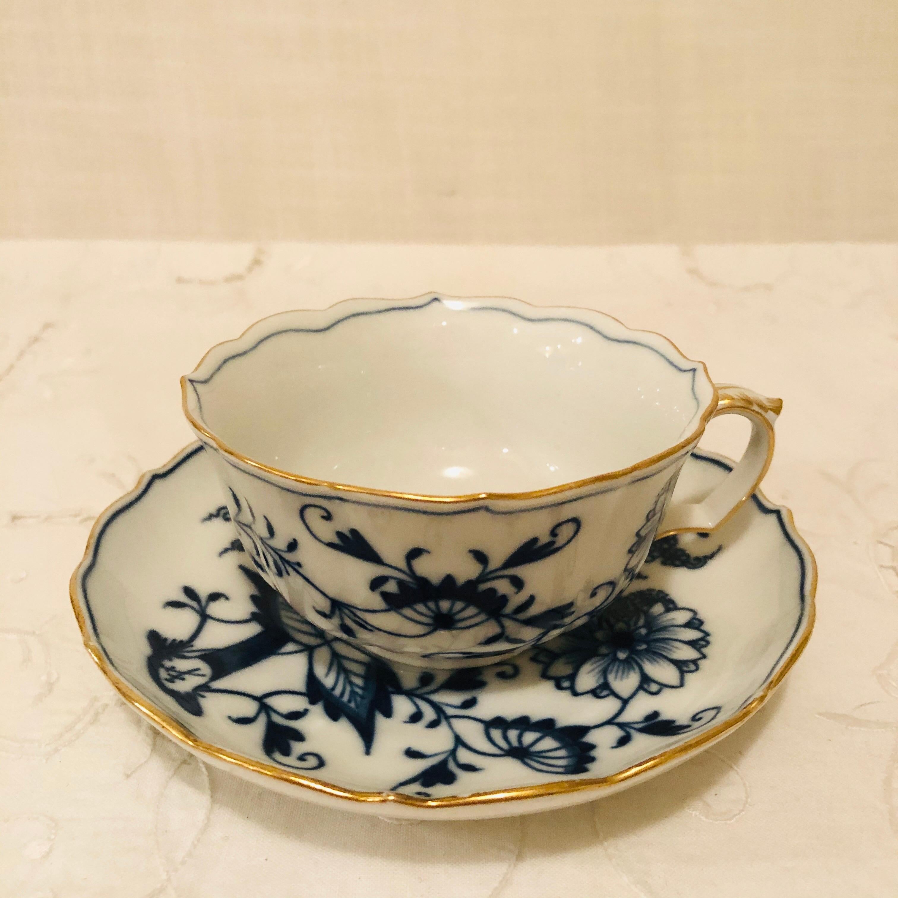 We have a set of Meissen blue onion teacups and saucers with a gold rim to present to you. They would be lovely to use for afternoon or high tea. They were made from 1923-1933. Their gold rim around the top and the base of the cup and around the rim