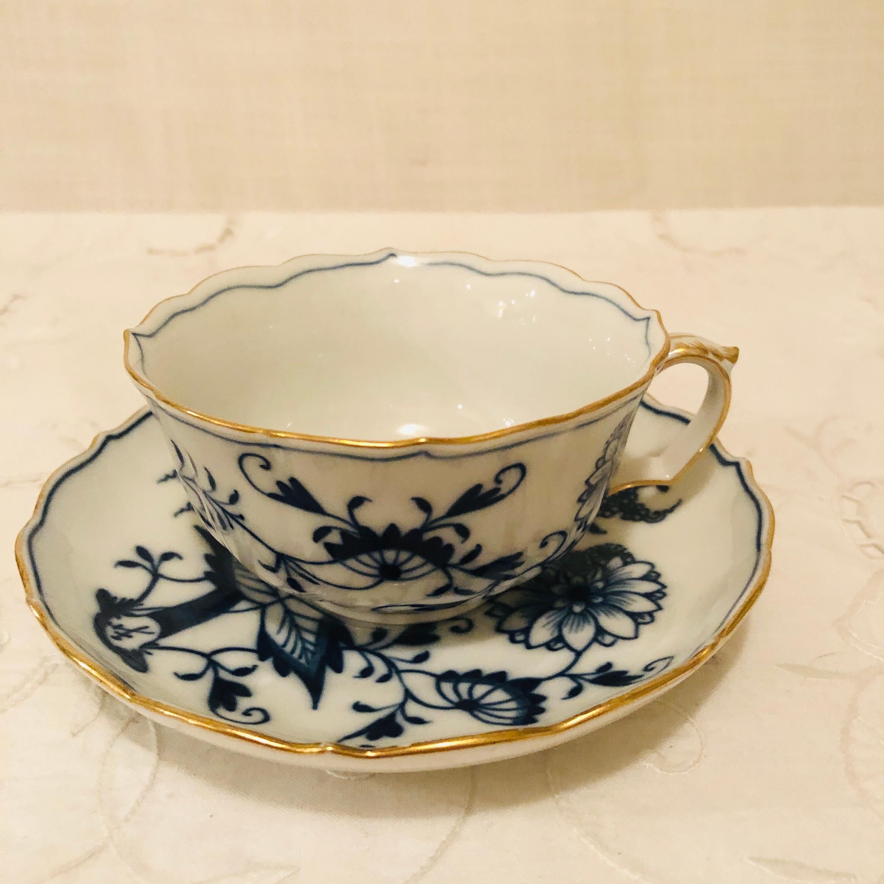 Hand-Painted Set of 12 Meissen Blue Onion Teacups and Saucers with a Gold Rim