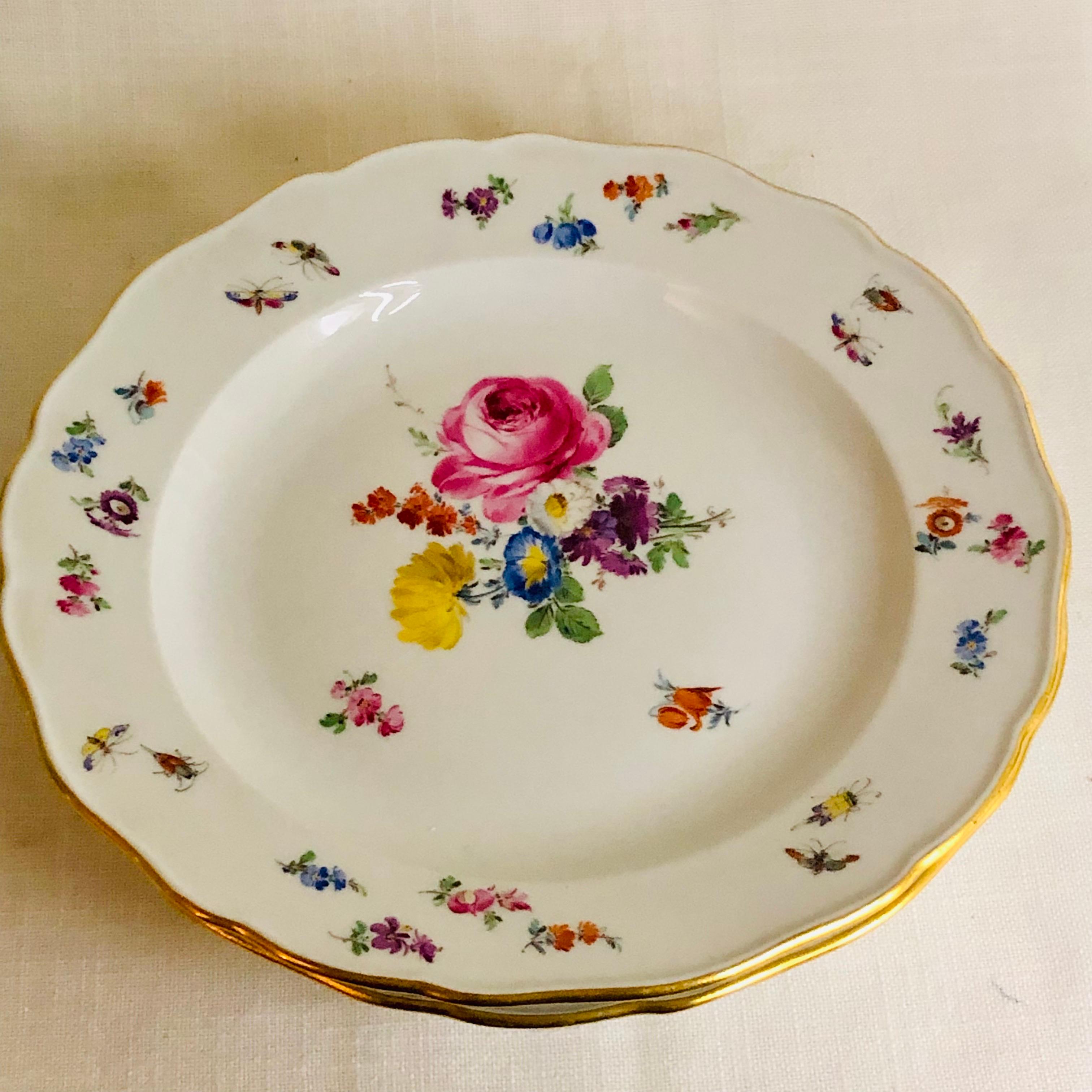 German Set of 12 Meissen Dinner Plates Each Painted with a Different Bouquet of Flowers