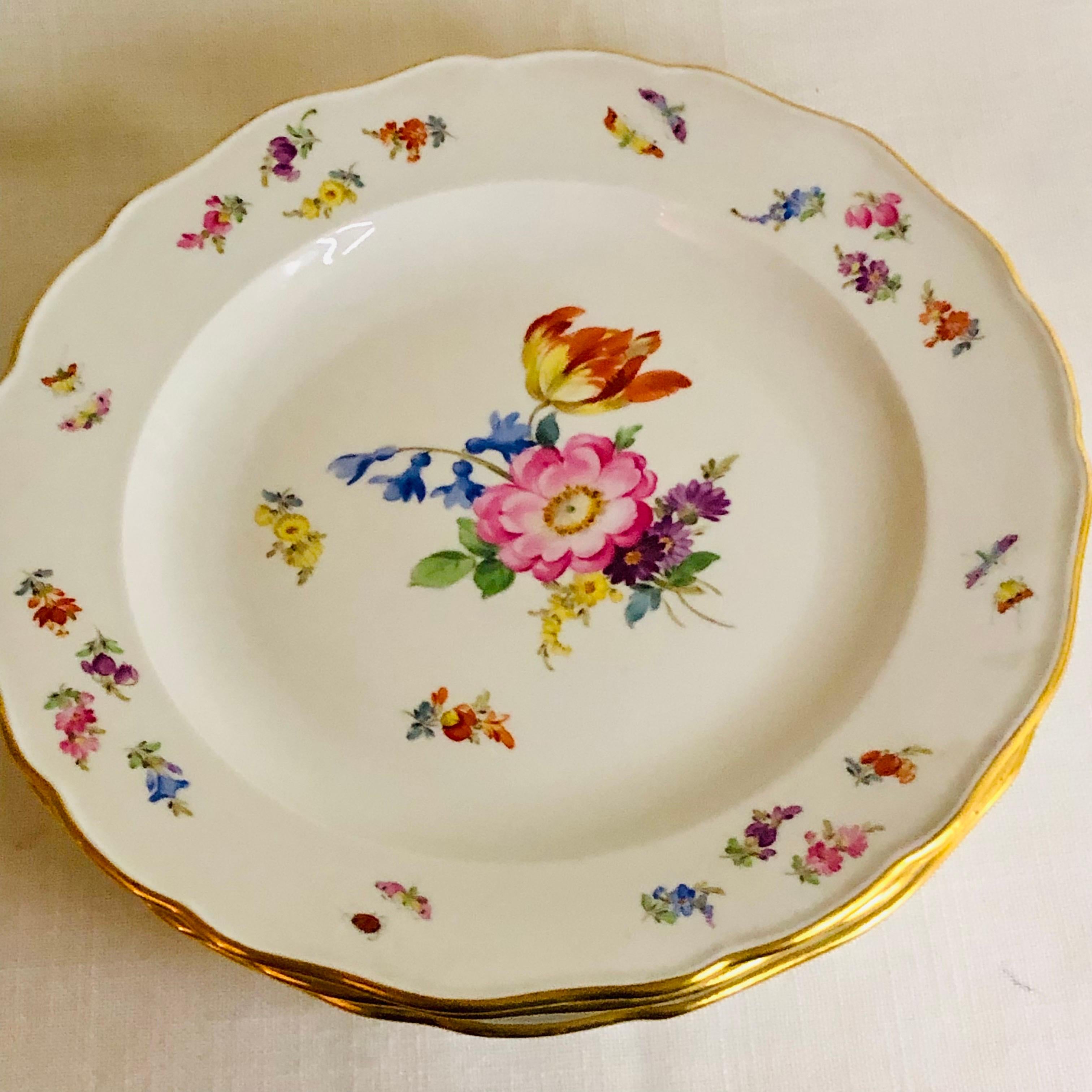 Hand-Painted Set of 12 Meissen Dinner Plates Each Painted with a Different Bouquet of Flowers