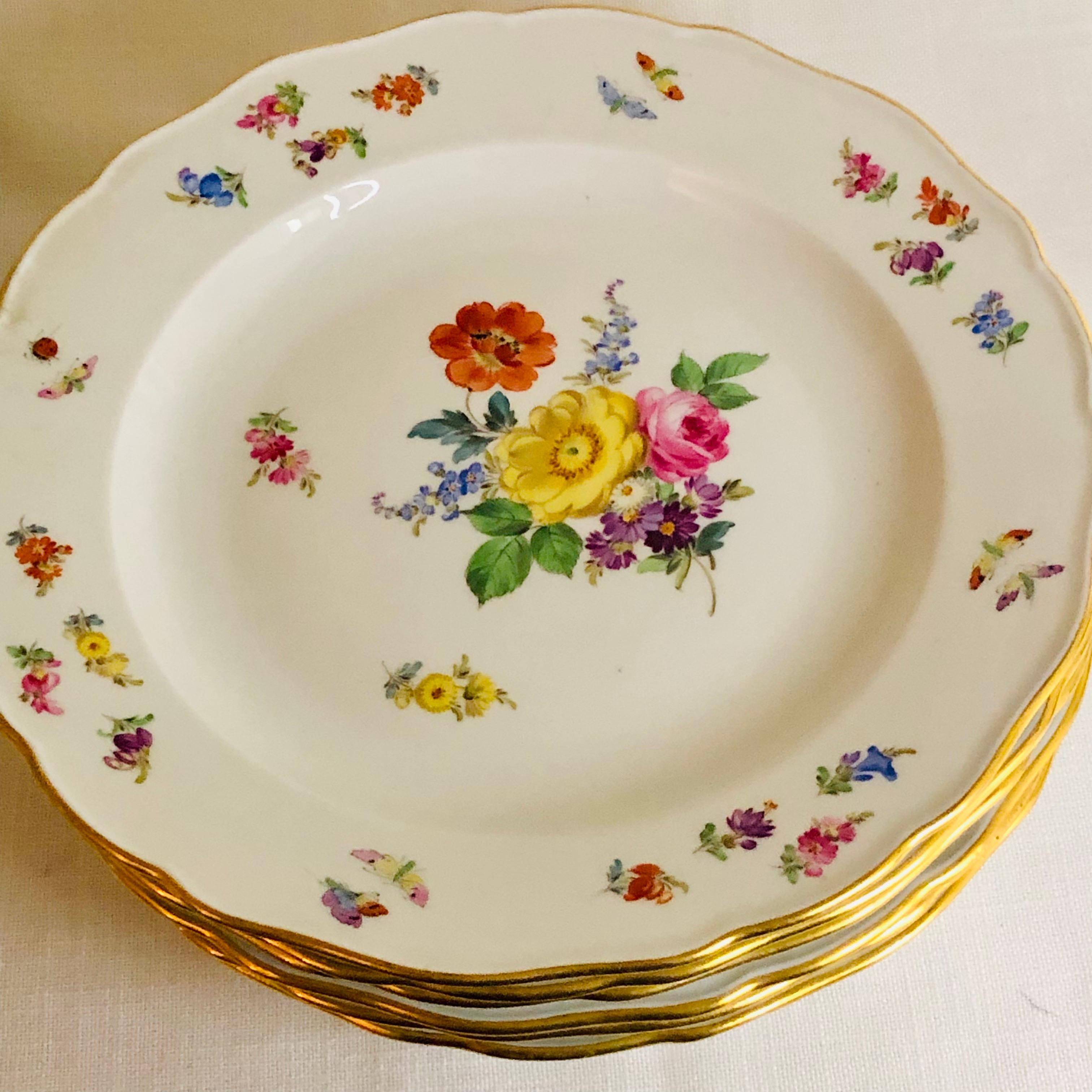 Porcelain Set of 12 Meissen Dinner Plates Each Painted with a Different Bouquet of Flowers