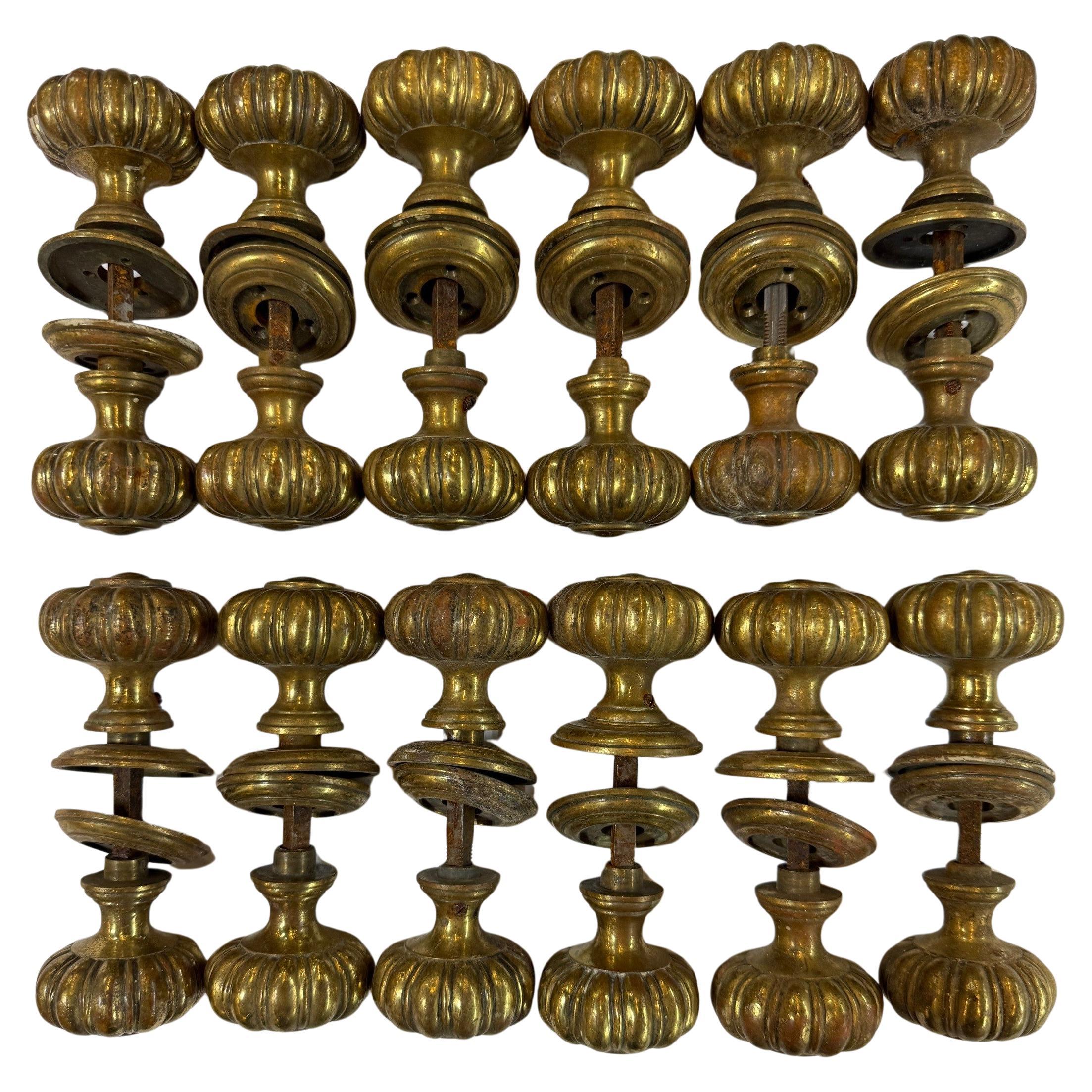Set of 12 Mid Century Art Nouveau Fluted Brass Door Knobs and Rosettes
