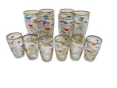 Set of 12 Mid Century Atomic Glasses with 22k Gold and Enameled Decoration