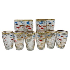 Set of 12 Mid Century Atomic Glasses with 22k Gold and Enameled Decoration