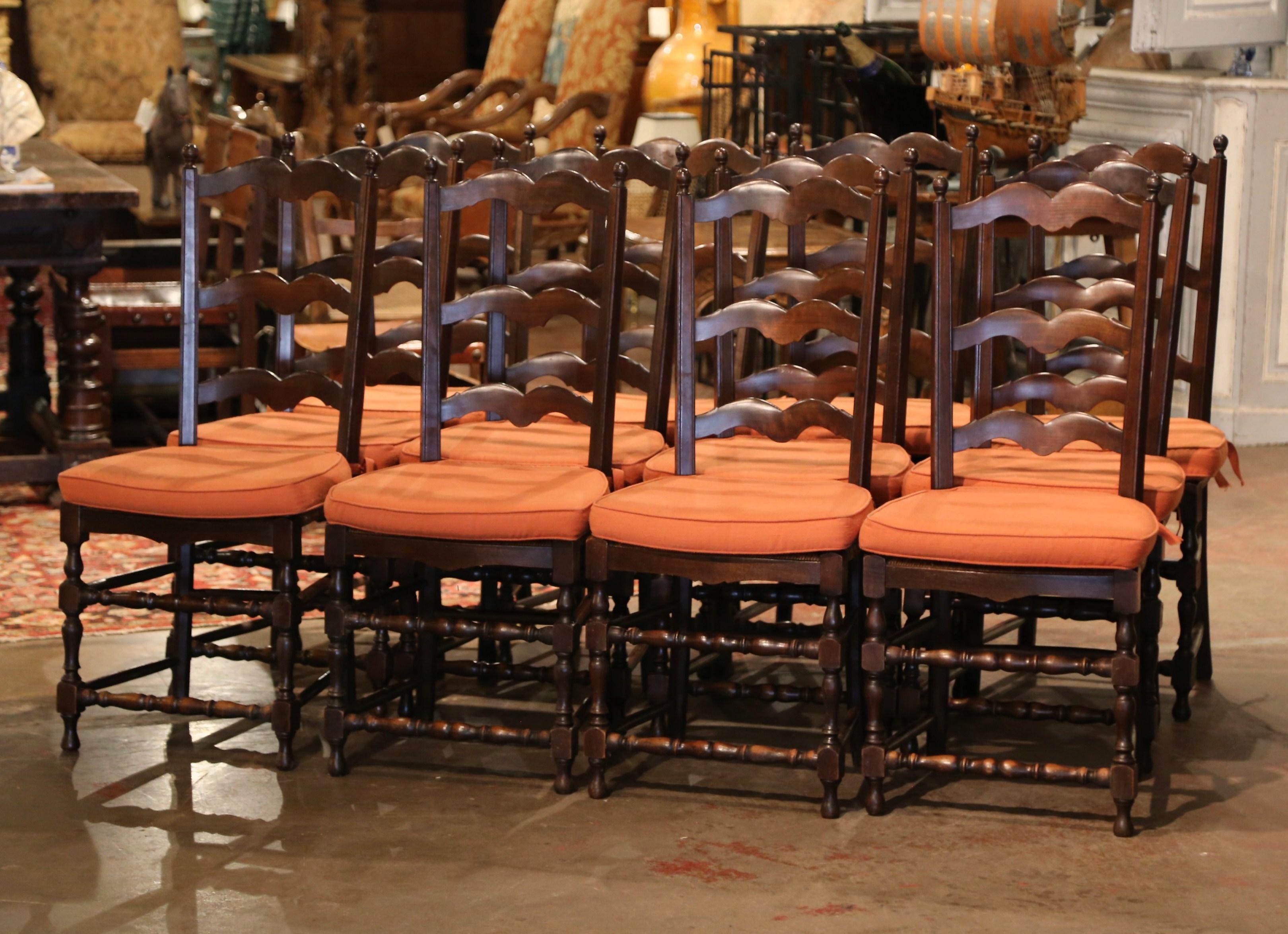 Set of 12 Mid-Century Carved Walnut Rush Seat Ladder Back Chairs & Cushions 2