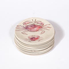 Set of 12 Mid-Century Ceramic Plates w/ Oceanic Motifs in Mauve by MBFA Pornic