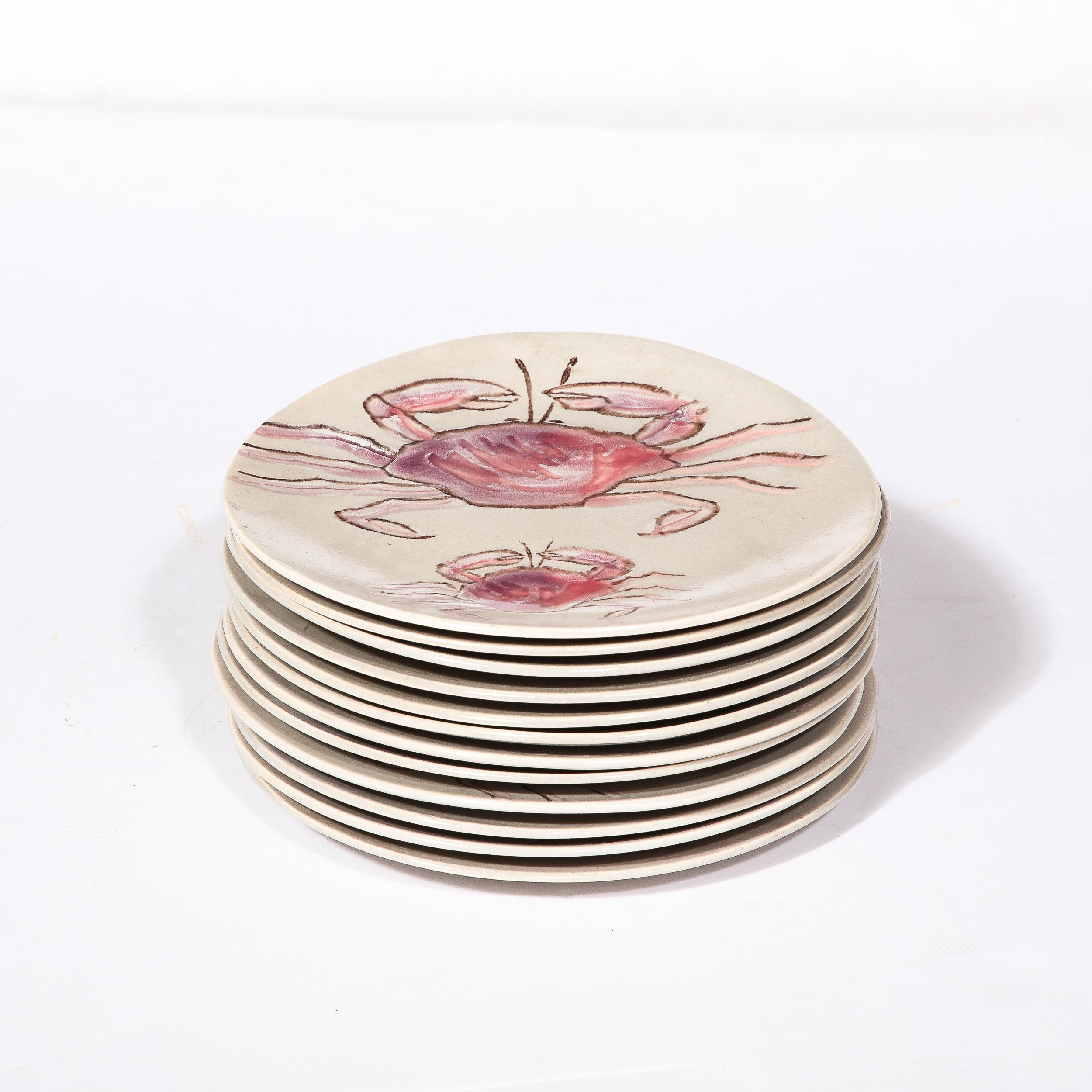 Mid-Century Modern Set of 12 Mid-Century Ceramic Plates w/ Oceanic Motifs in Mauve by MBFA Pornic For Sale
