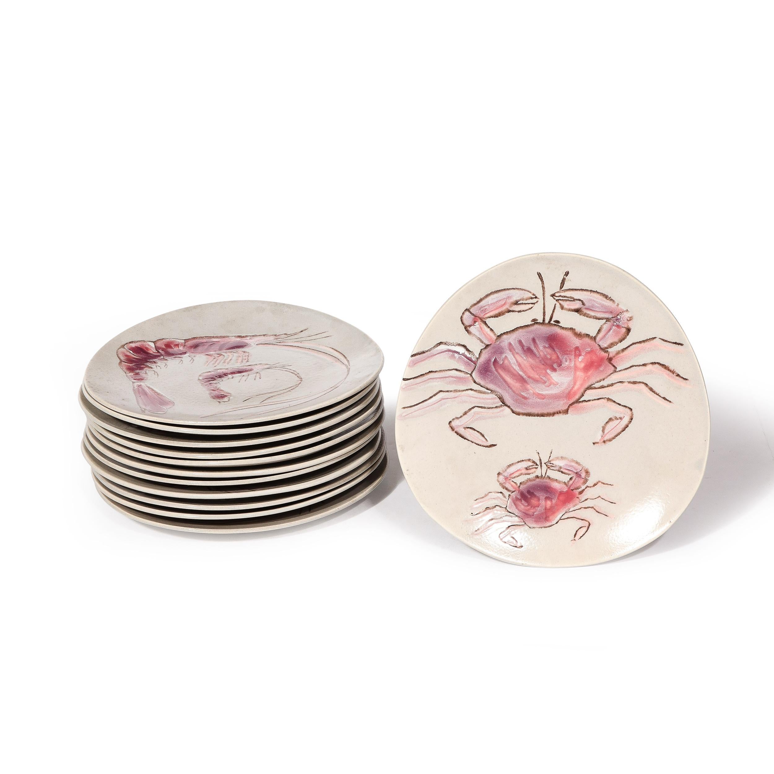 Glazed Set of 12 Mid-Century Ceramic Plates w/ Oceanic Motifs in Mauve by MBFA Pornic For Sale