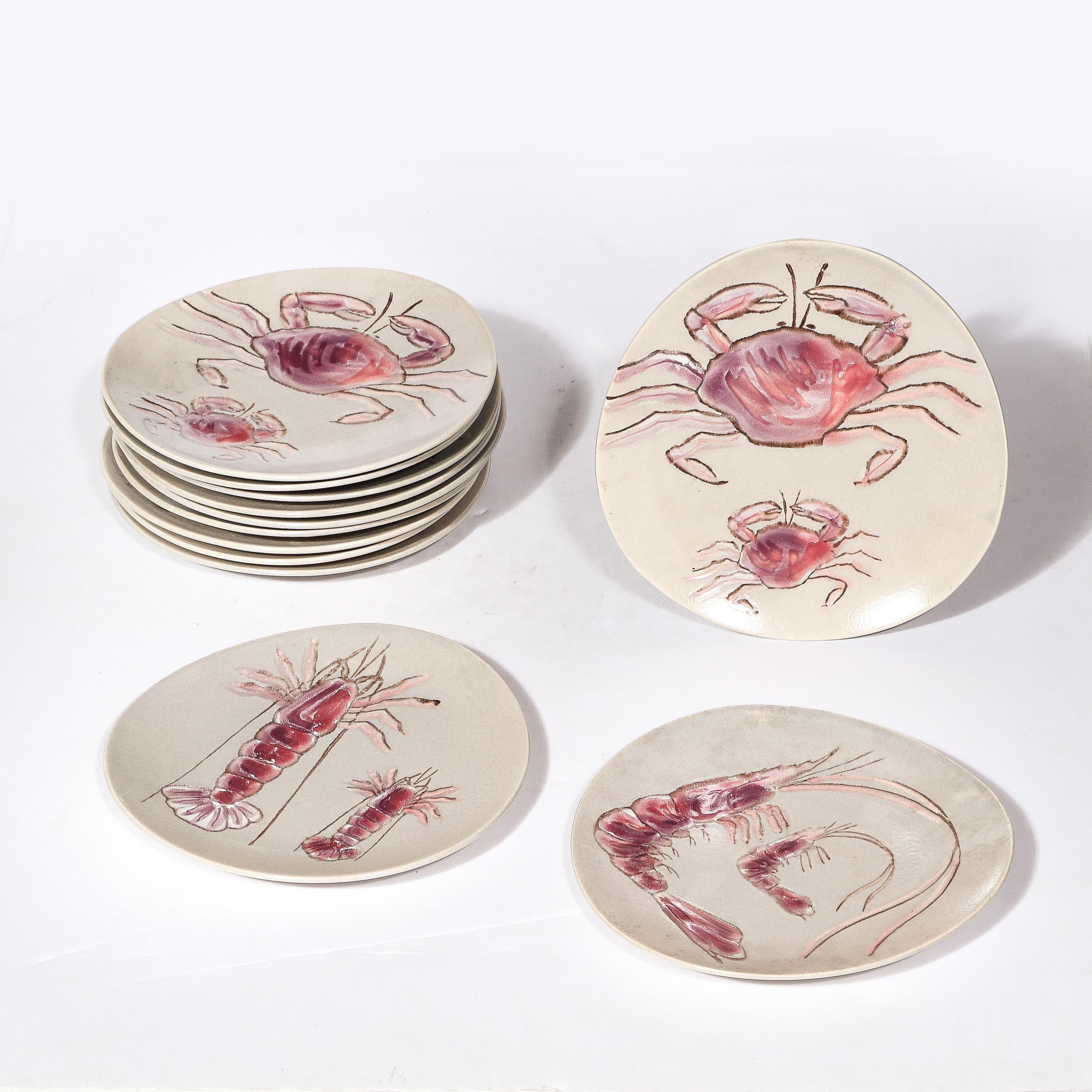 Set of 12 Mid-Century Ceramic Plates w/ Oceanic Motifs in Mauve by MBFA Pornic In Excellent Condition For Sale In New York, NY