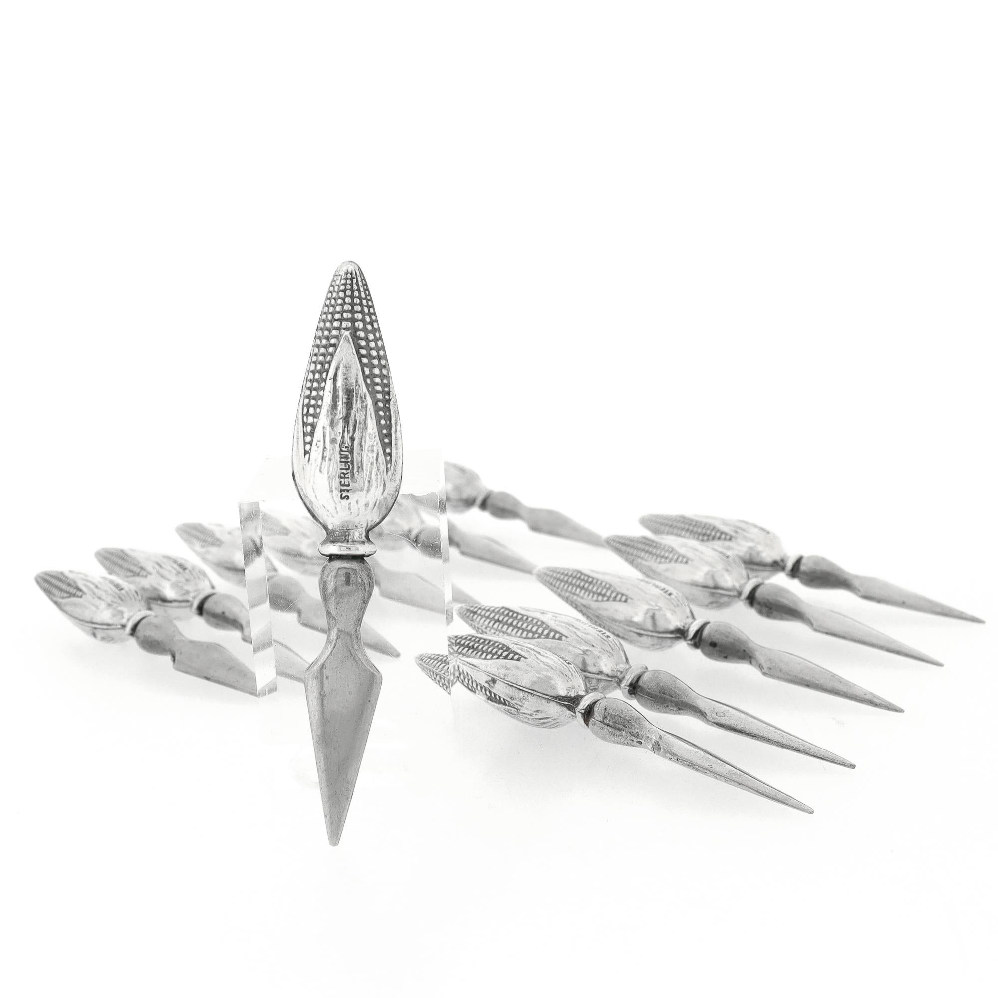 Set of 12 Mid-Century Figural Sterling Silver Corn on the Cob Holders For Sale 4