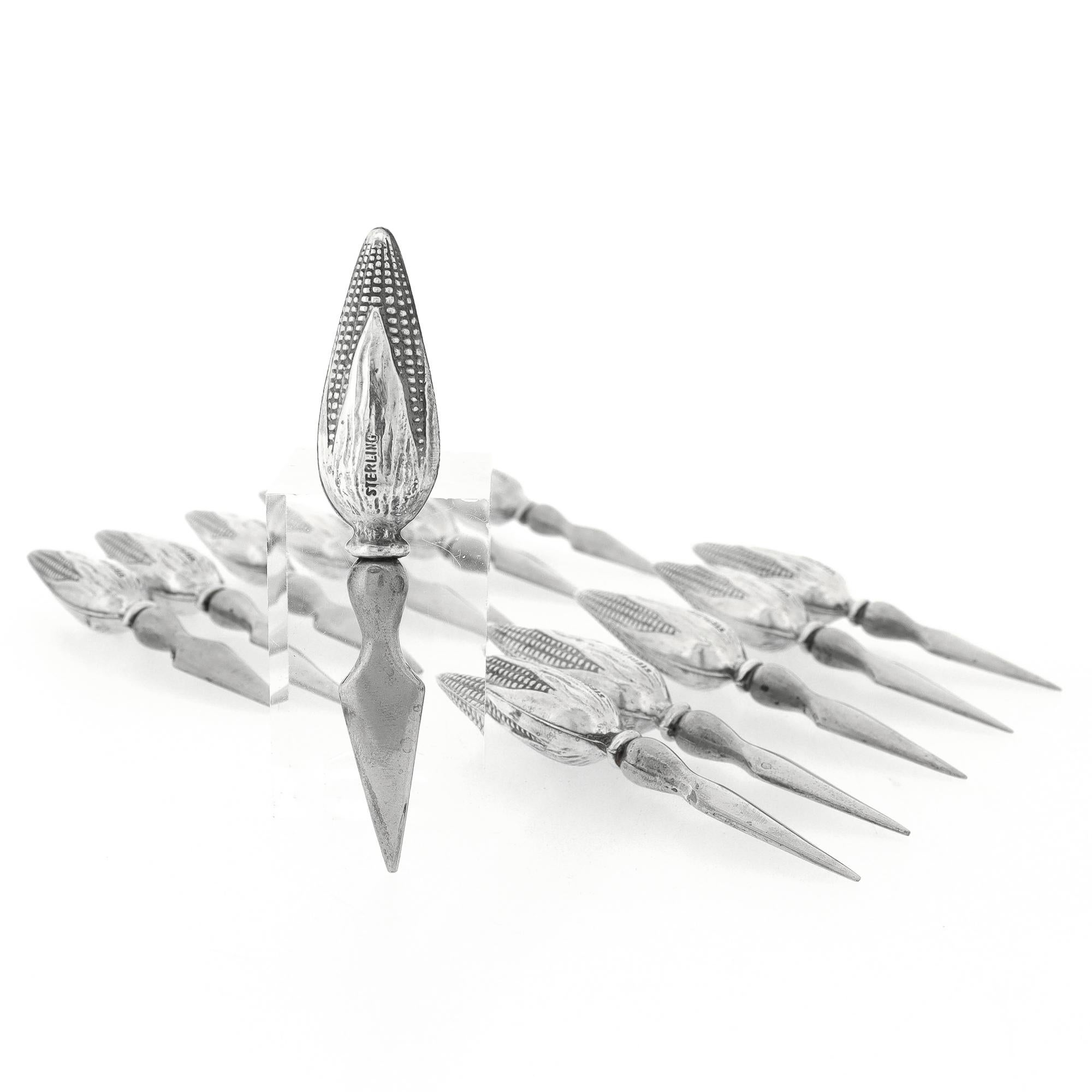 Set of 12 Mid-Century Figural Sterling Silver Corn on the Cob Holders For Sale 5
