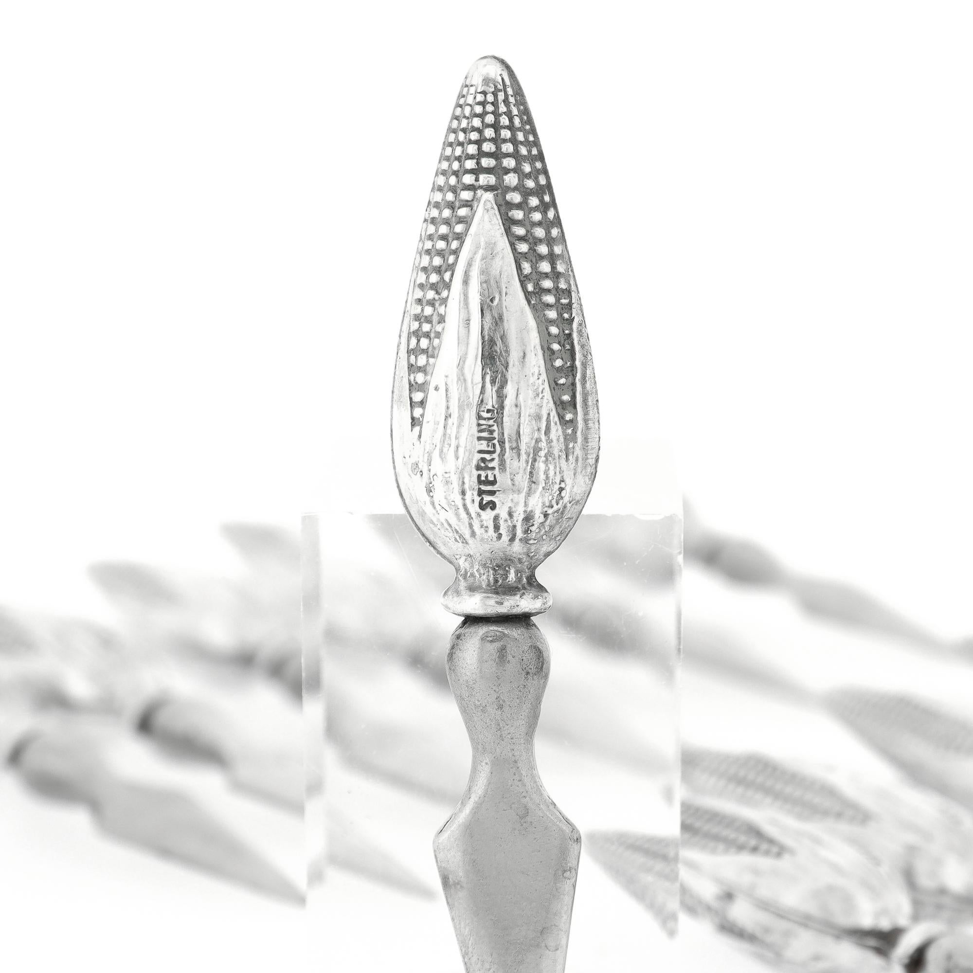 Set of 12 Mid-Century Figural Sterling Silver Corn on the Cob Holders For Sale 6