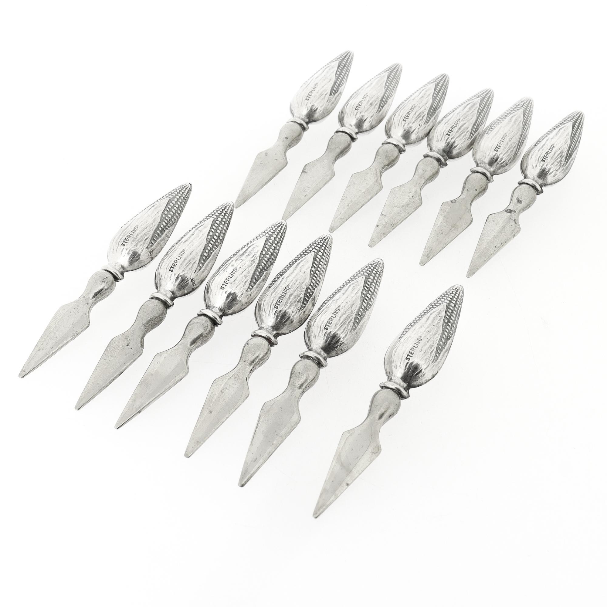 American Set of 12 Mid-Century Figural Sterling Silver Corn on the Cob Holders For Sale