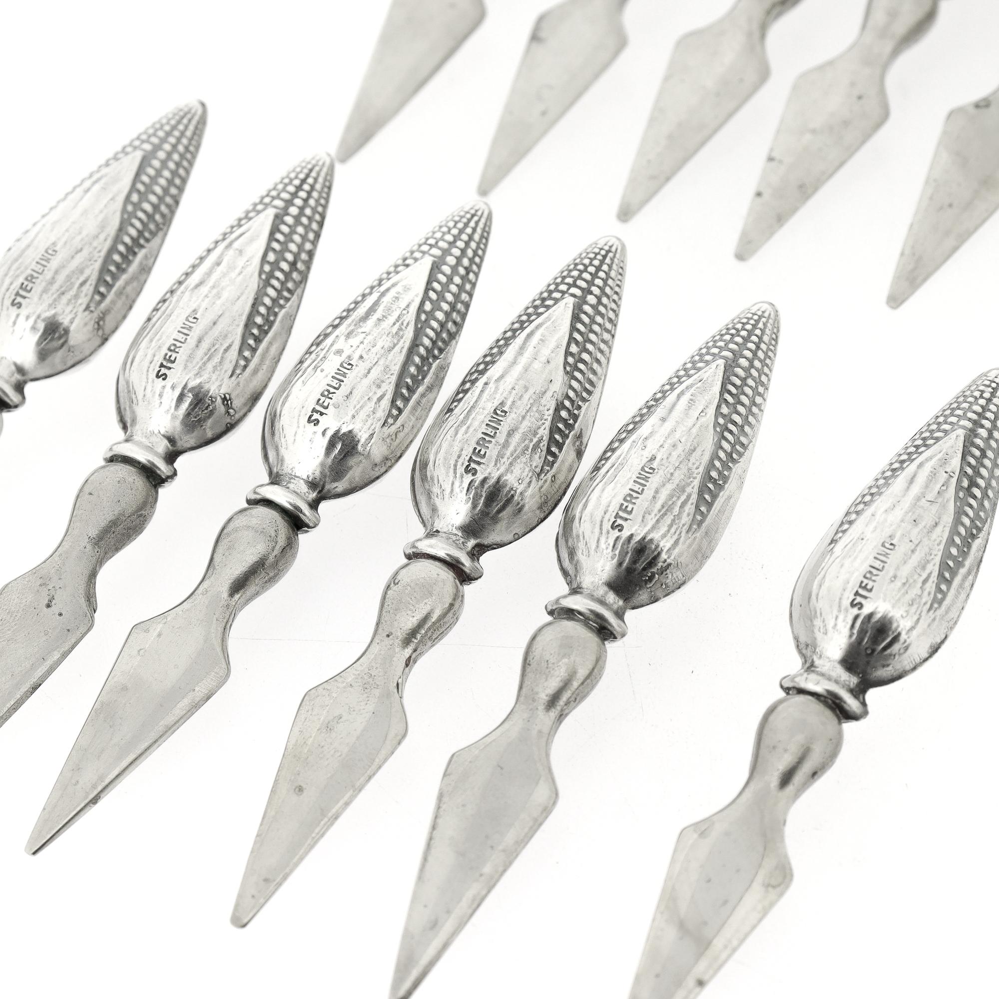 20th Century Set of 12 Mid-Century Figural Sterling Silver Corn on the Cob Holders For Sale