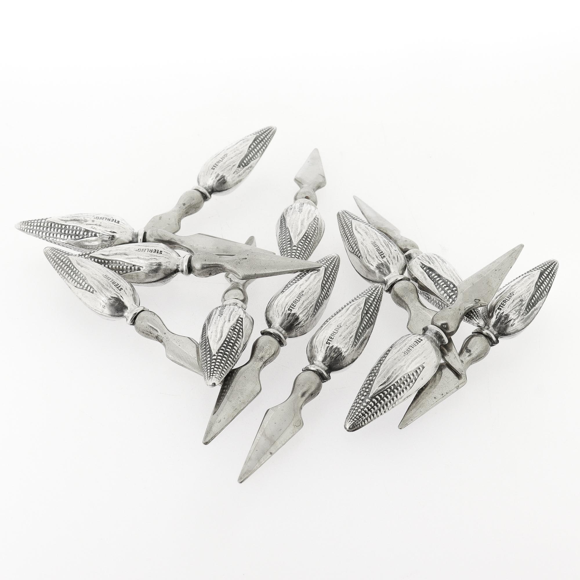 Set of 12 Mid-Century Figural Sterling Silver Corn on the Cob Holders For Sale 1