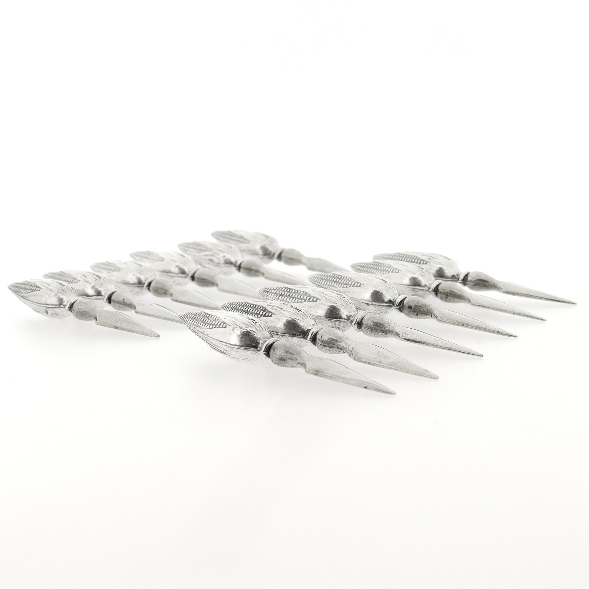 Set of 12 Mid-Century Figural Sterling Silver Corn on the Cob Holders For Sale 3