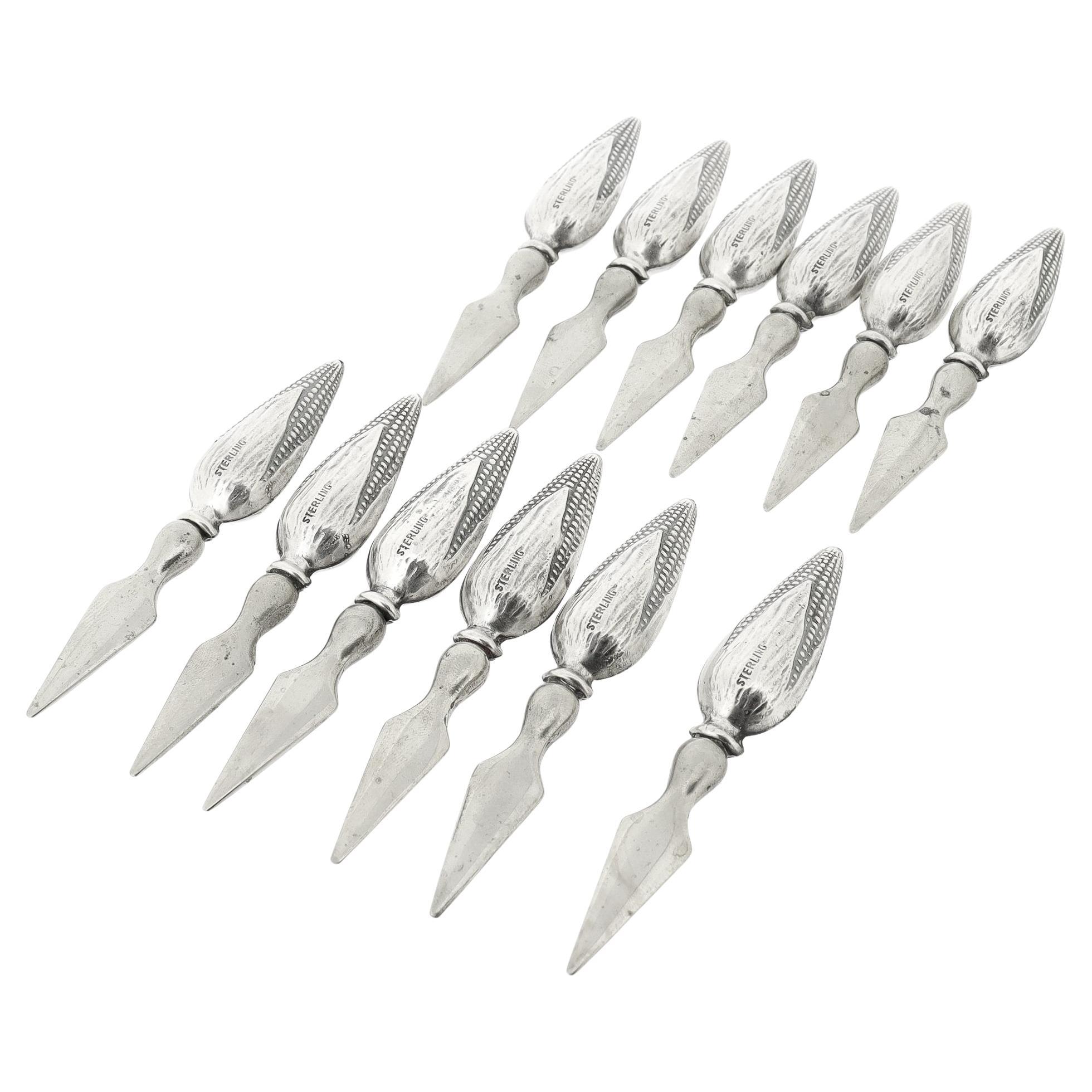 Set of 12 Mid-Century Figural Sterling Silver Corn on the Cob Holders For Sale