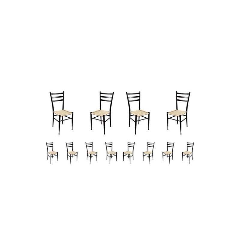 Set di 12 sedie da salotto di metà secolo in legno laccato nero e corda, anni '60 in vendita 9