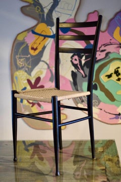 Set of 12 Mid-Century Living Room Chairs in Black Lacquered Wood and Rope, 1960s