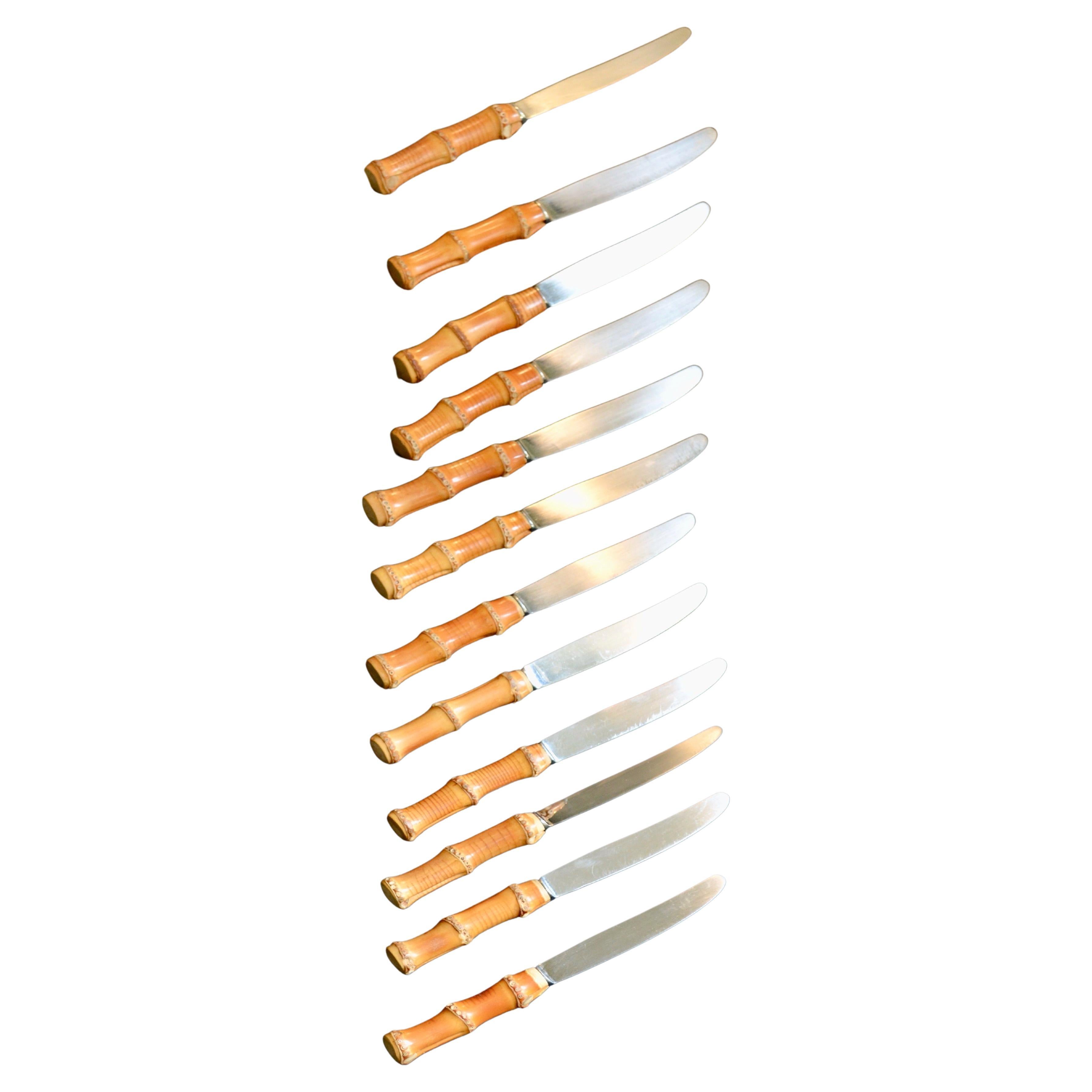 Set of 12 Mid-Century Modern French Knives with Bamboo Handles