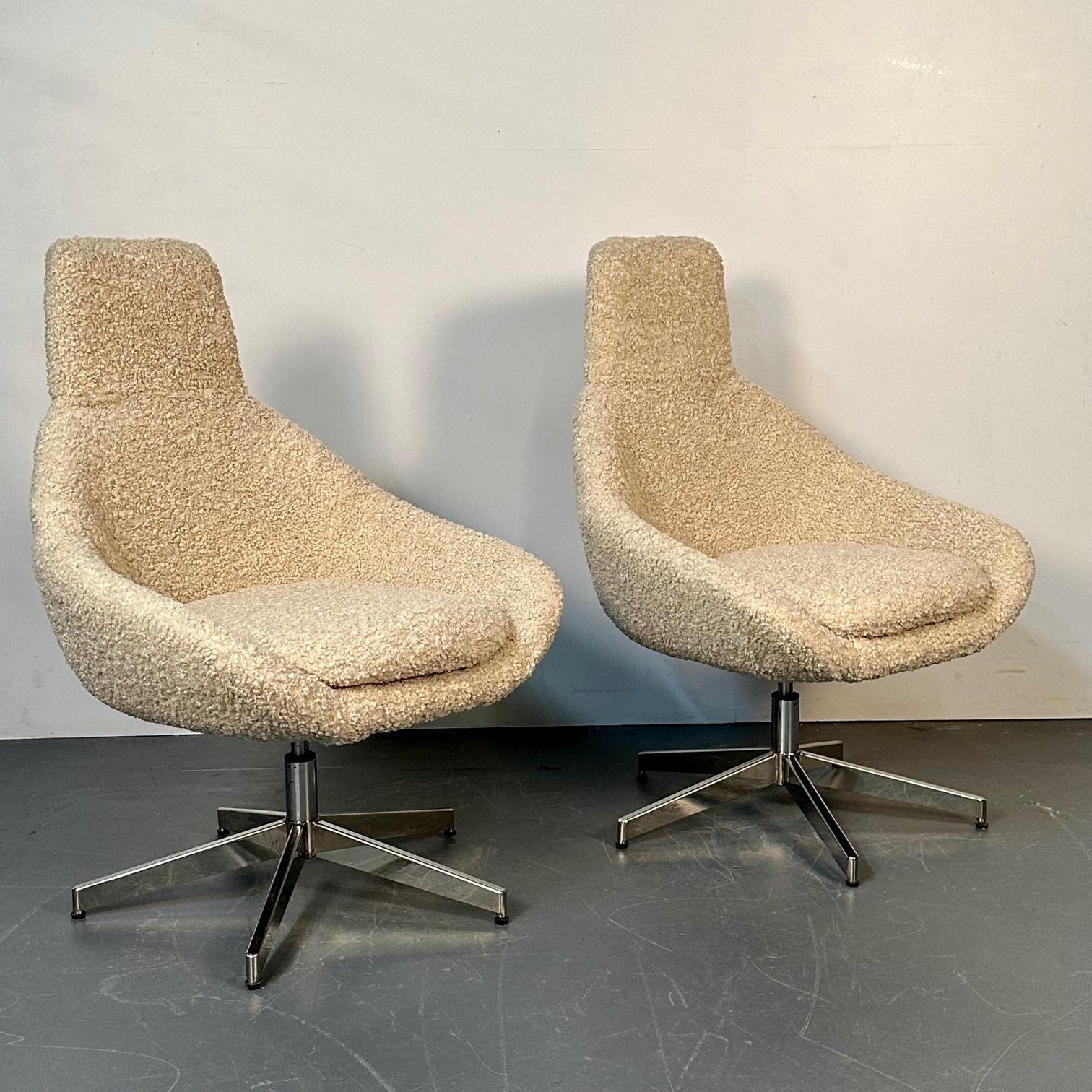 Set of 12 Mid-Century Modern office / swivel / dining chairs, white bouclé
 
Each done in a brand new white bouclé upholstery with padded seats and backrests. This finely constructed set of swivel chairs are in the style of the iconic Herman