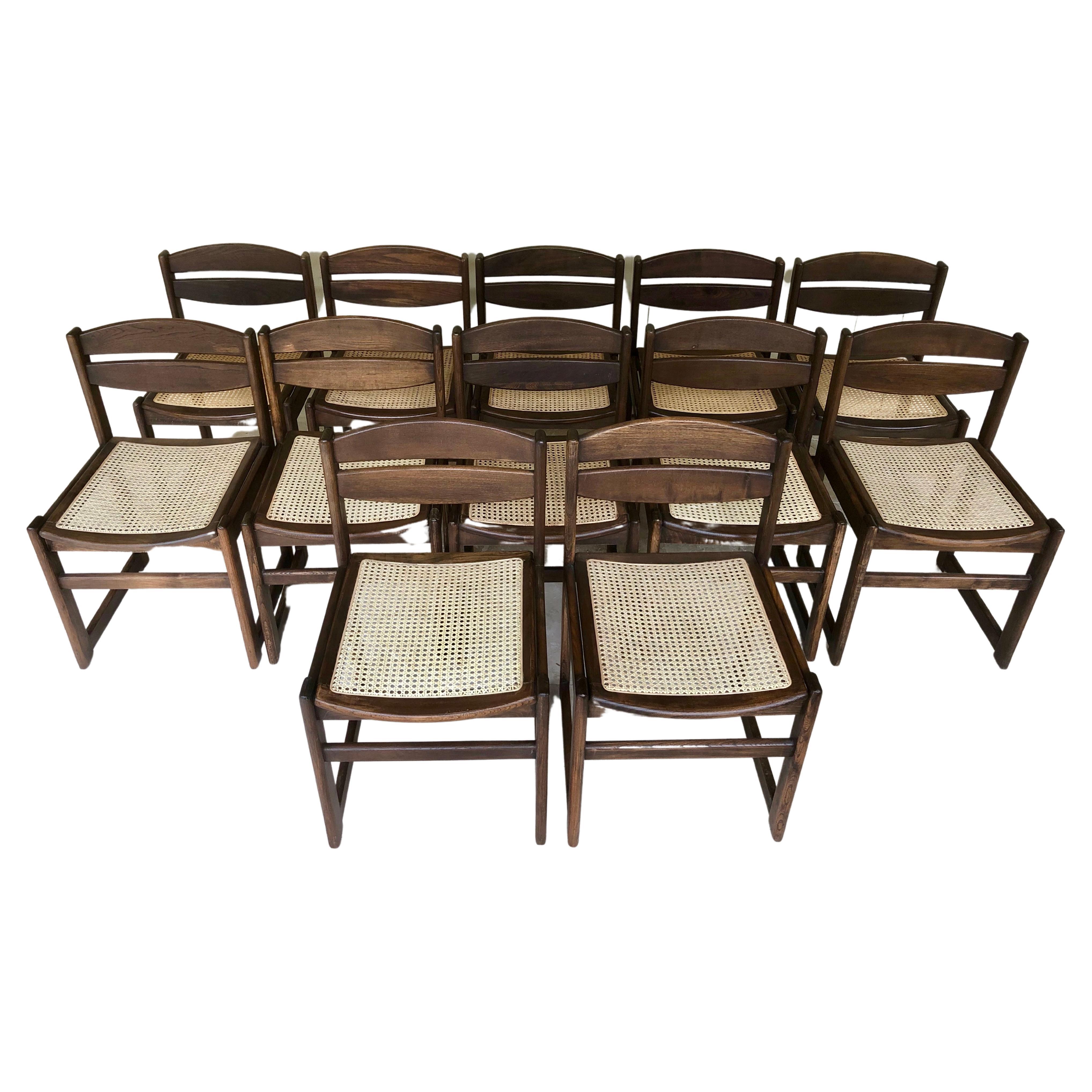 Set of 12 Mid-century Sled Style Dining Chairs in Walnut & Cane