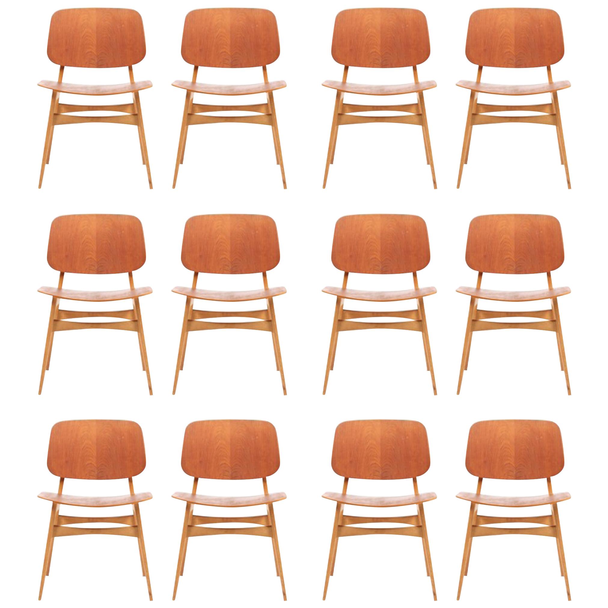 Set of 12 Midcentury Side Chairs in Teak and Oak by Børge Mogensen