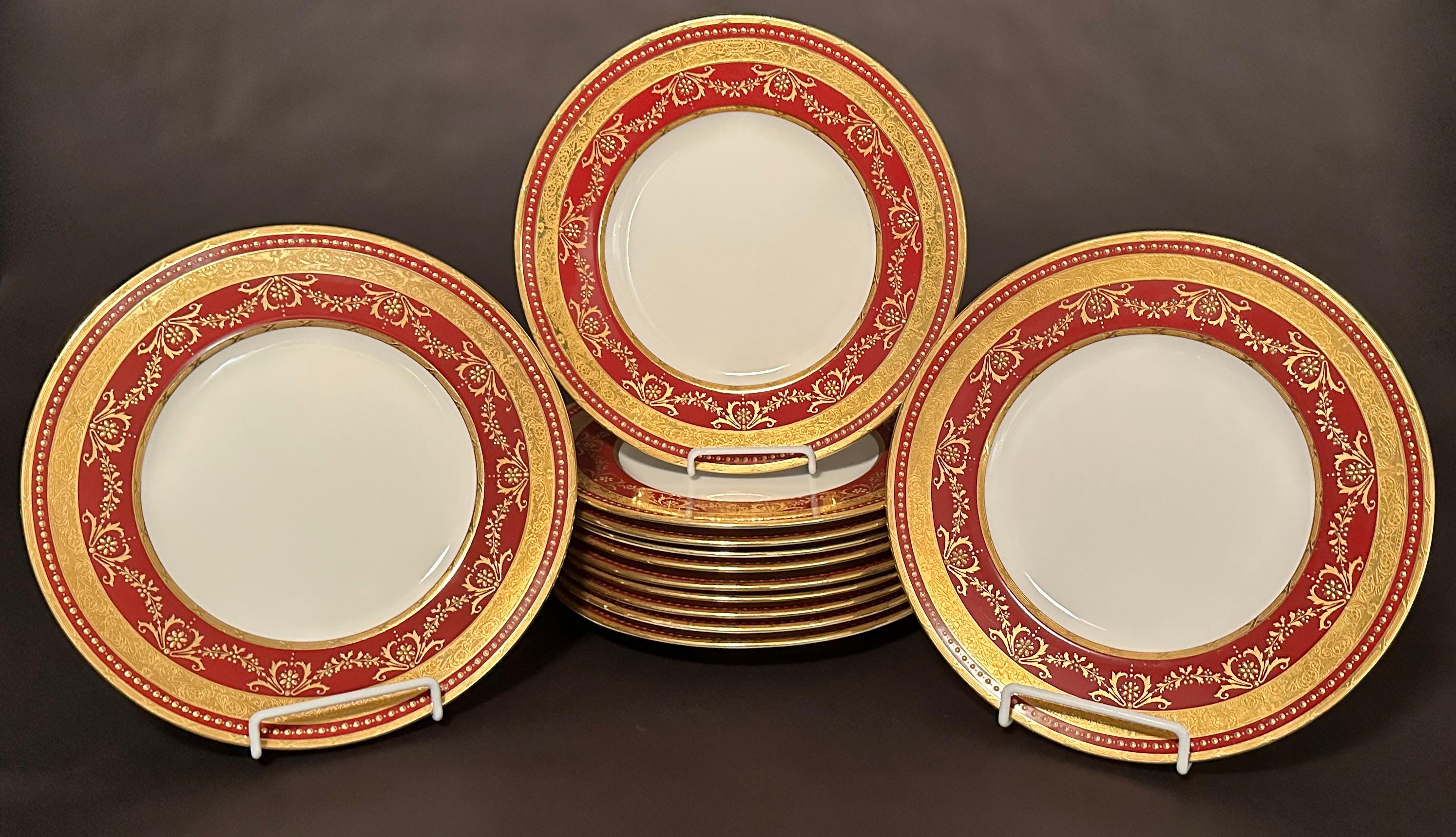 English Set Of 12 Minton Burgundy Border Jewel & Gilt Encrusted Dinner Plates