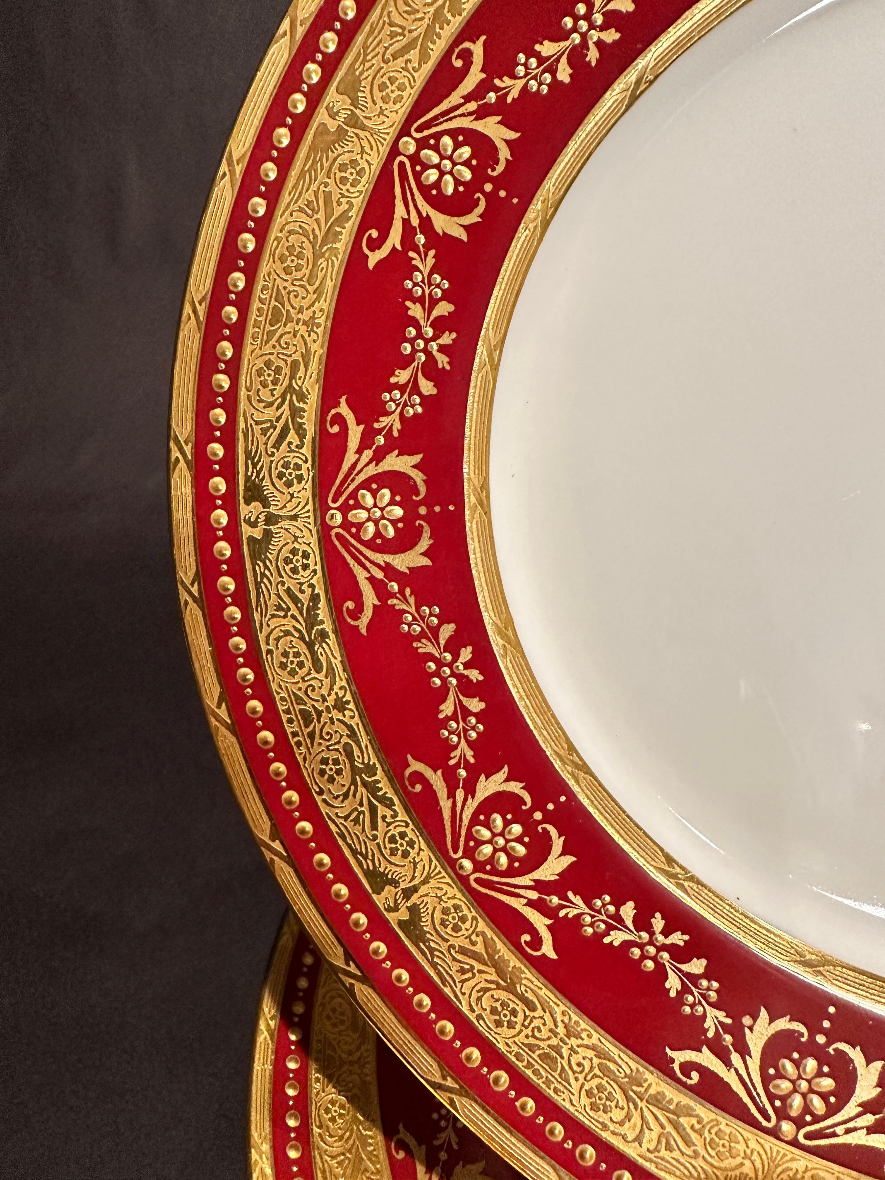 Set Of 12 Minton Burgundy Border Jewel & Gilt Encrusted Dinner Plates In Good Condition In Norwood, NJ