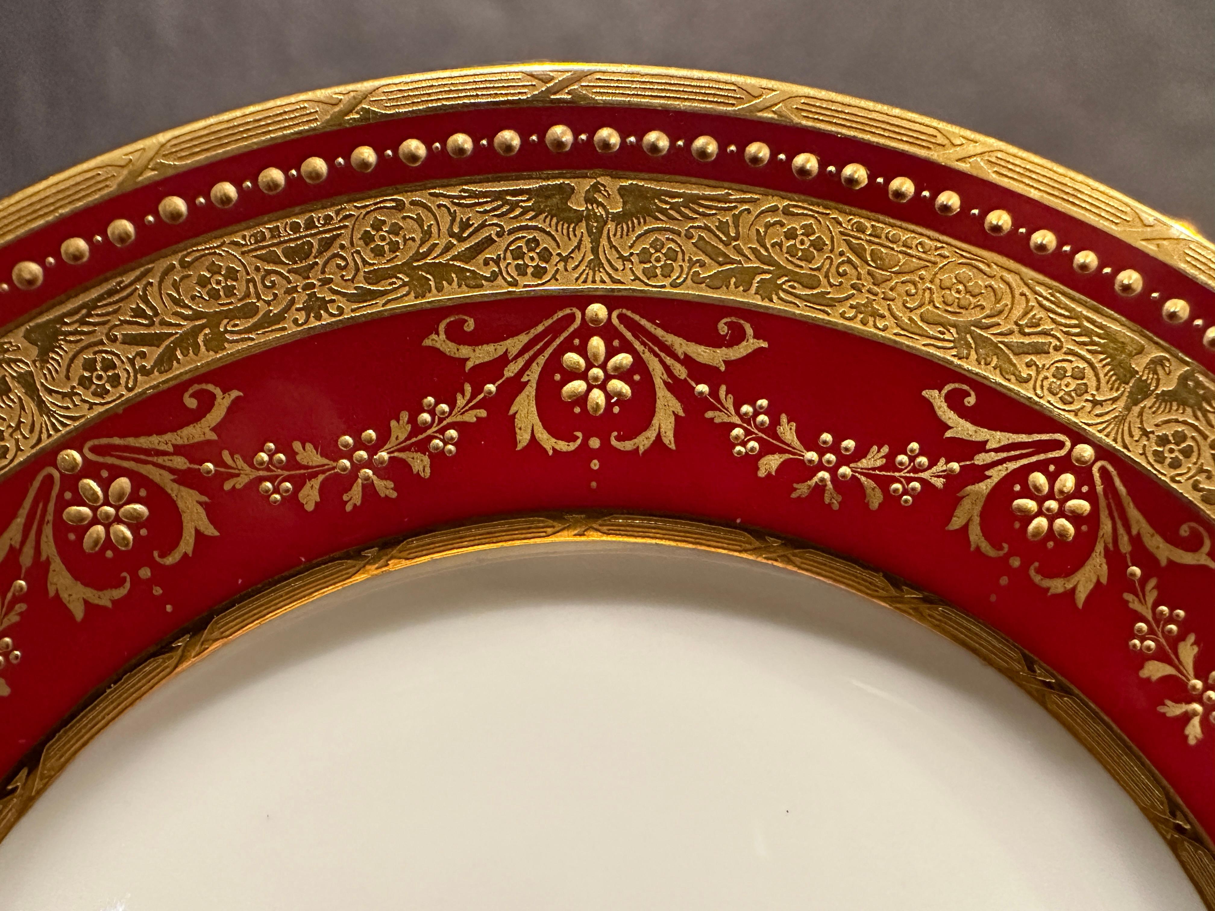 20th Century Set Of 12 Minton Burgundy Border Jewel & Gilt Encrusted Dinner Plates