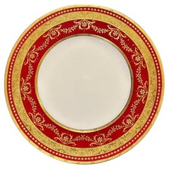 Set Of 12 Minton Burgundy Border Jewel & Gilt Encrusted Dinner Plates
