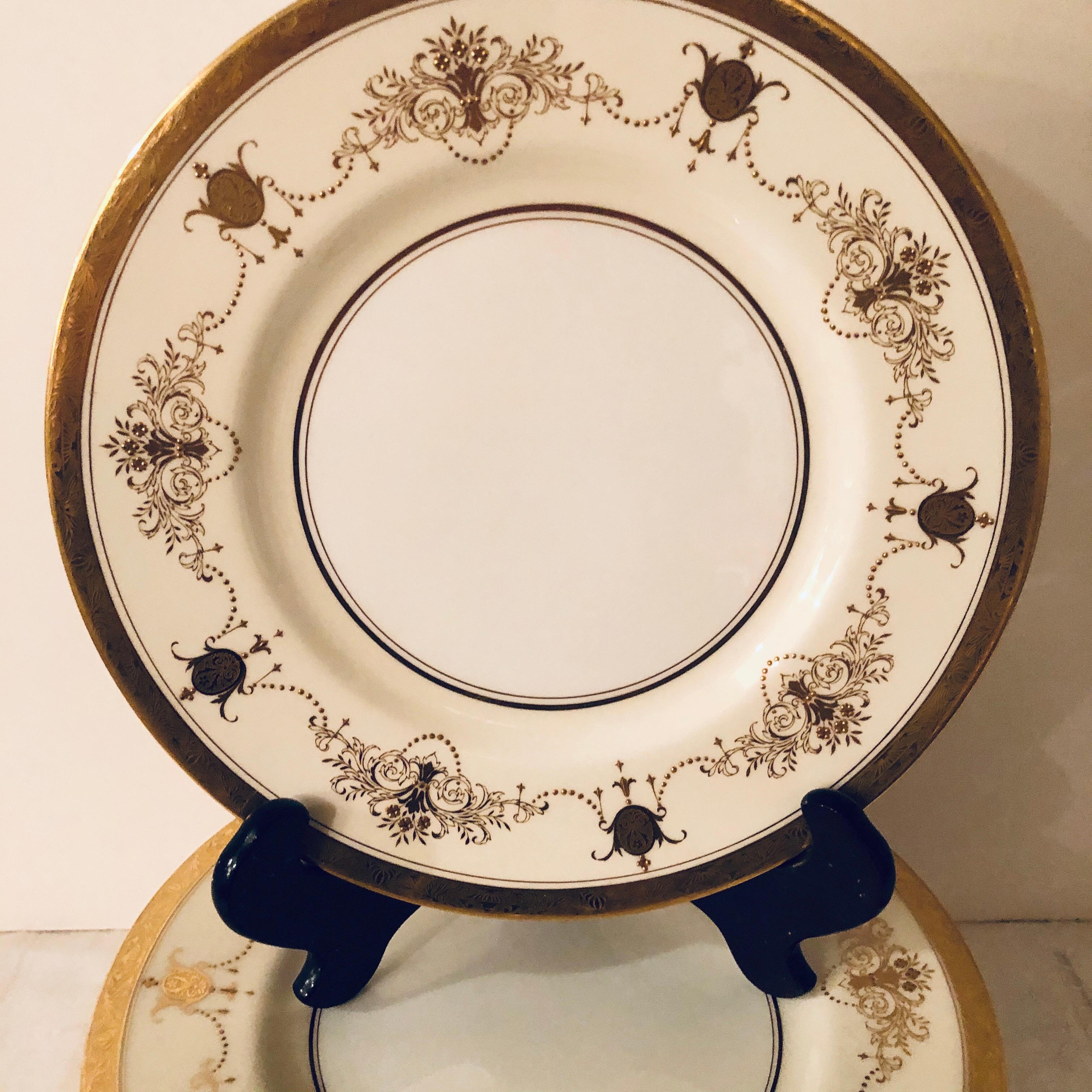 Set of 12 Minton Dinner Plates Decorated with Ribbons of Raised Gilded Jeweling For Sale 3