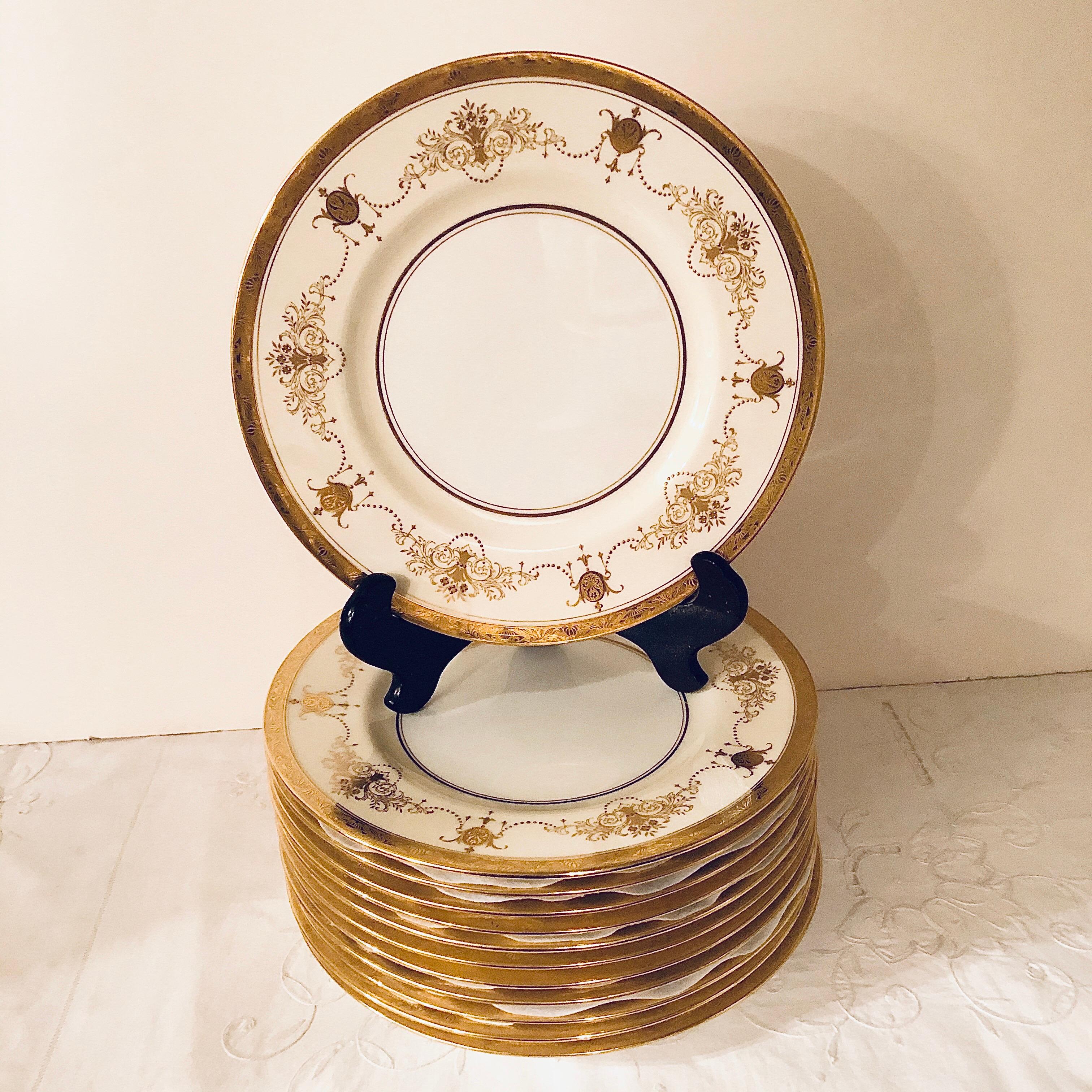 Set of 12 Minton Dinner Plates Decorated with Ribbons of Raised Gilded Jeweling For Sale 4