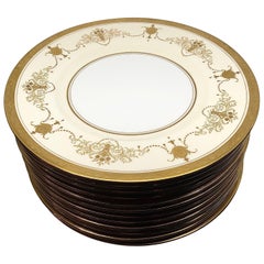 Set of 12 Minton Dinner Plates Decorated with Ribbons of Raised Gilded Jeweling