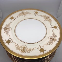 Set of 12 Minton Dinner Plates Decorated with Ribbons of Raised Gilded Jeweling