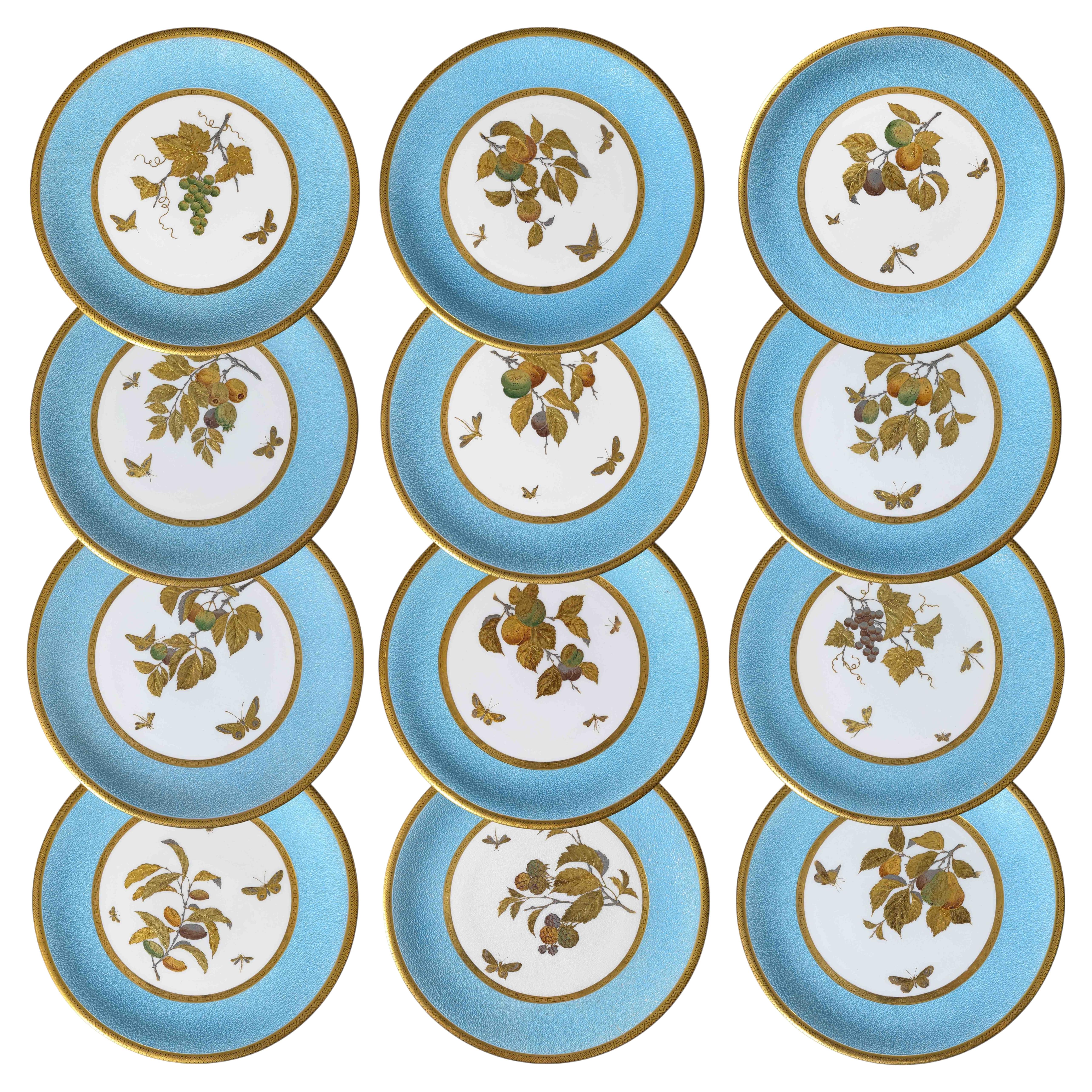 Set of 12 Minton porcelain plates with raised-gold decoration, 1890