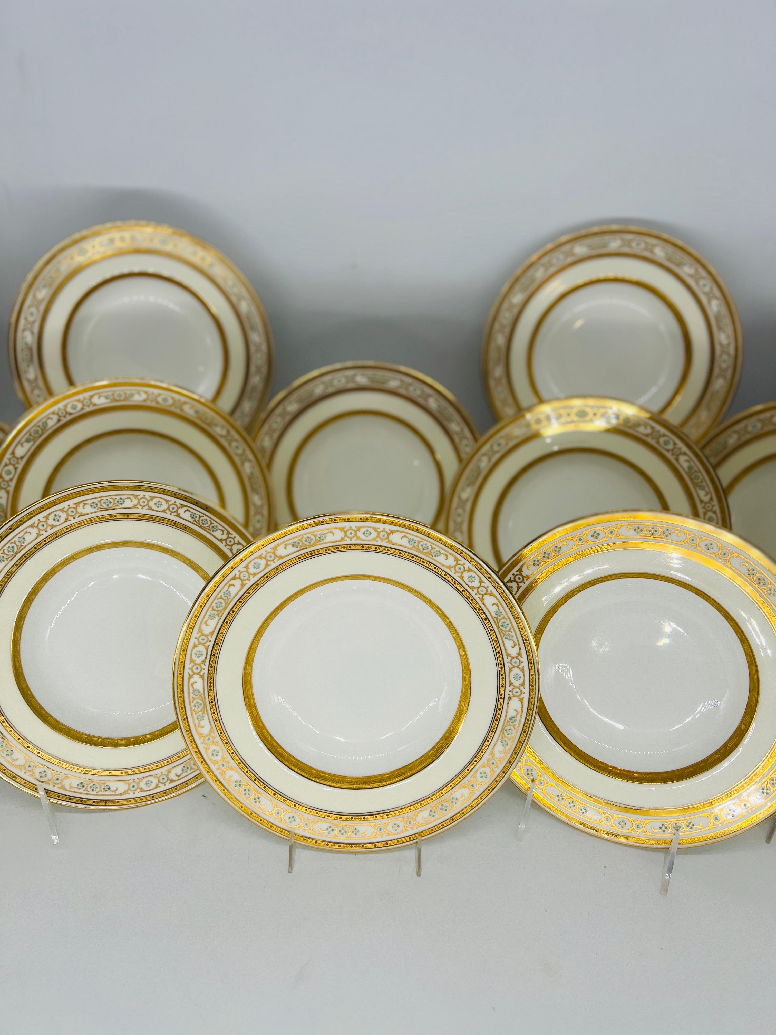 British Set of 12 Mintons Porcelain Enameled & Gilt Decorated Soup Bowls