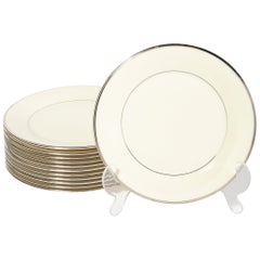 Vintage Set of 12 Modernist Porcelain Dinner Plates in Cream w/ Gilt Detailing by Lenox