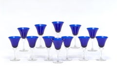 Set of 12 Morgantown Art Deco Cobalt Blue & Clear Wine Goblets, Glasses