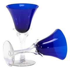 Set of 12 Morgantown Art Deco Cobalt Blue & Clear Wine Goblets, Glasses