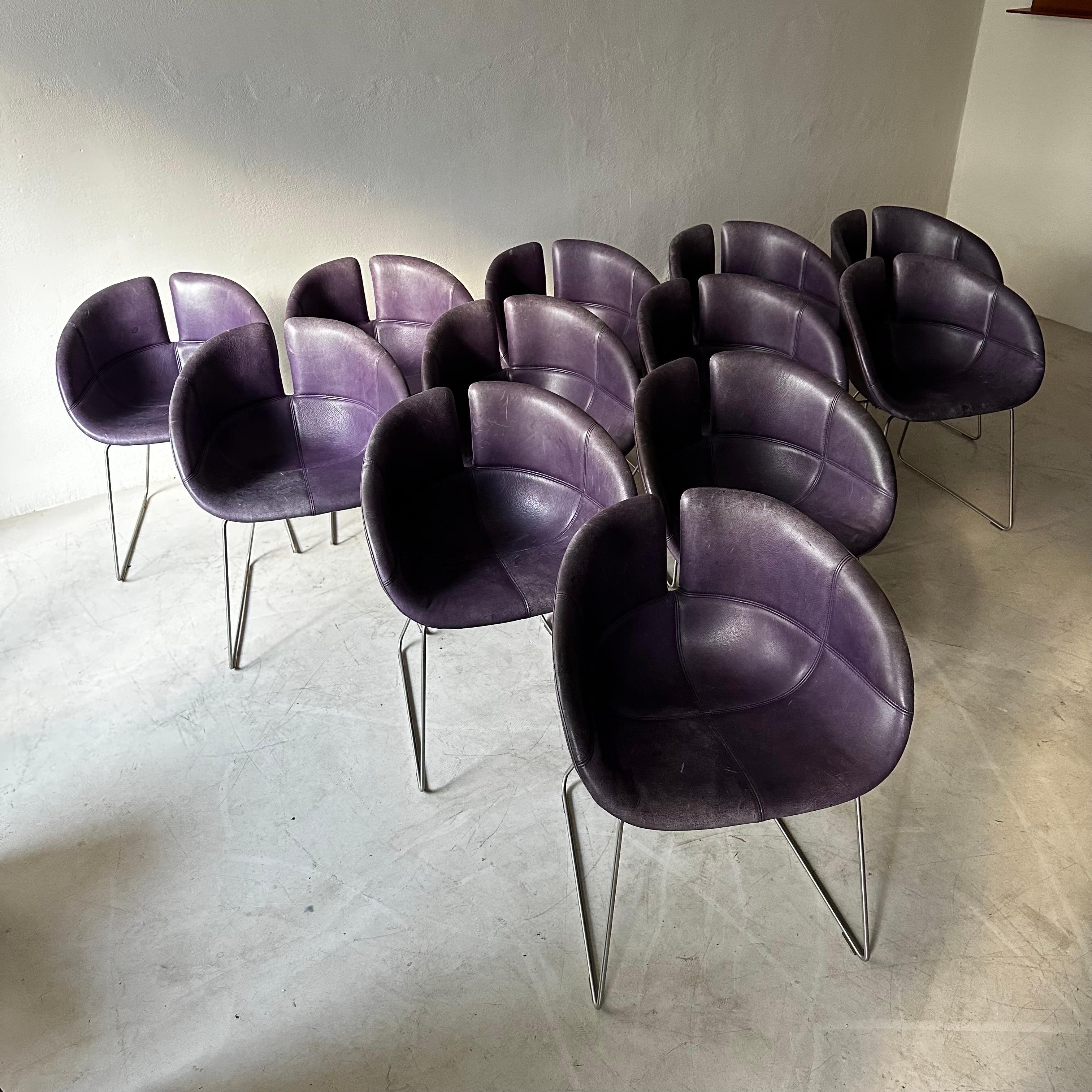 Modern Set of 12 Moroso Dining Chairs in Purple Leather by Patricia Urquiola 2002 For Sale
