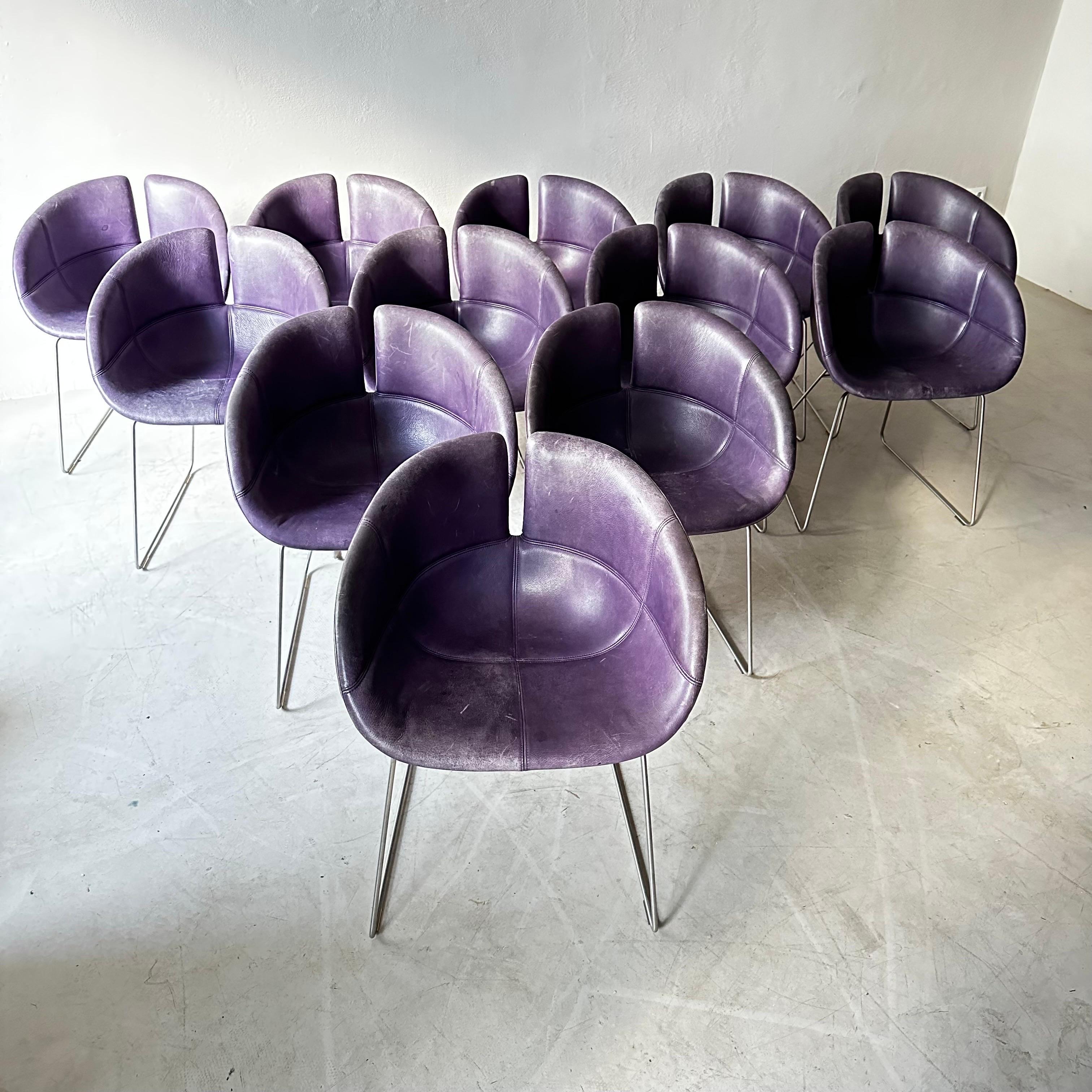 Italian Set of 12 Moroso Dining Chairs in Purple Leather by Patricia Urquiola 2002 For Sale