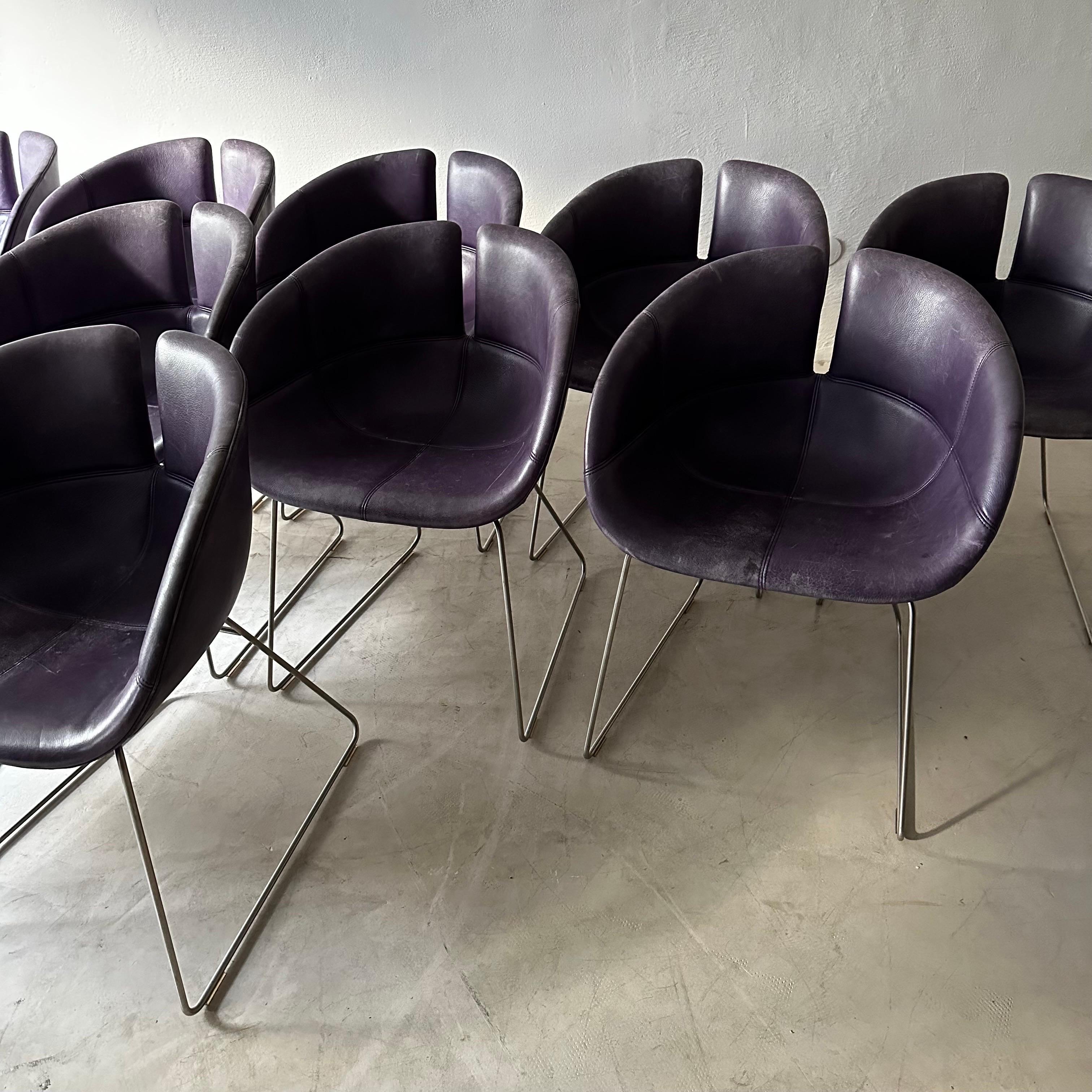 Set of 12 Moroso Dining Chairs in Purple Leather by Patricia Urquiola 2002 In Good Condition For Sale In Vienna, AT