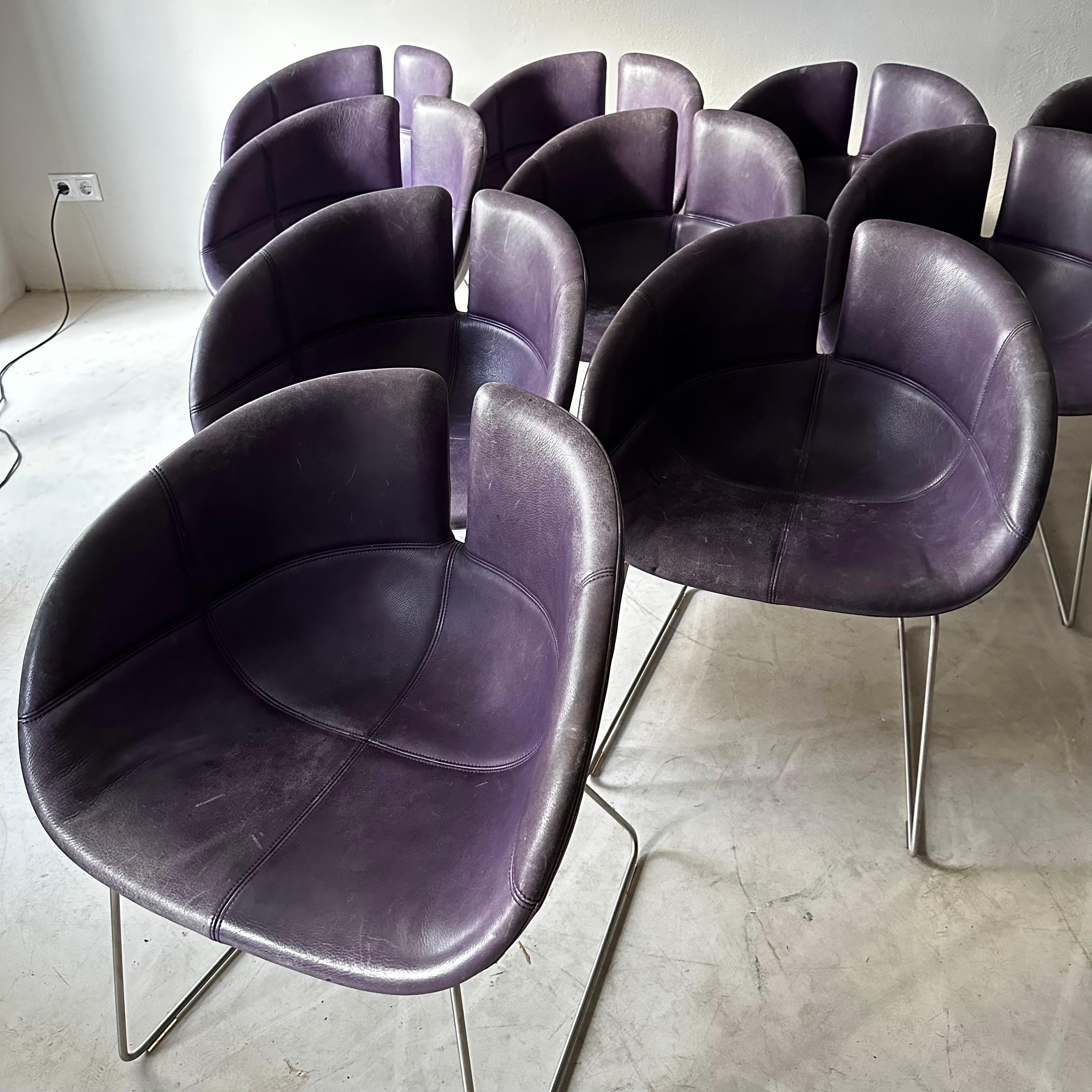 Contemporary Set of 12 Moroso Dining Chairs in Purple Leather by Patricia Urquiola 2002 For Sale