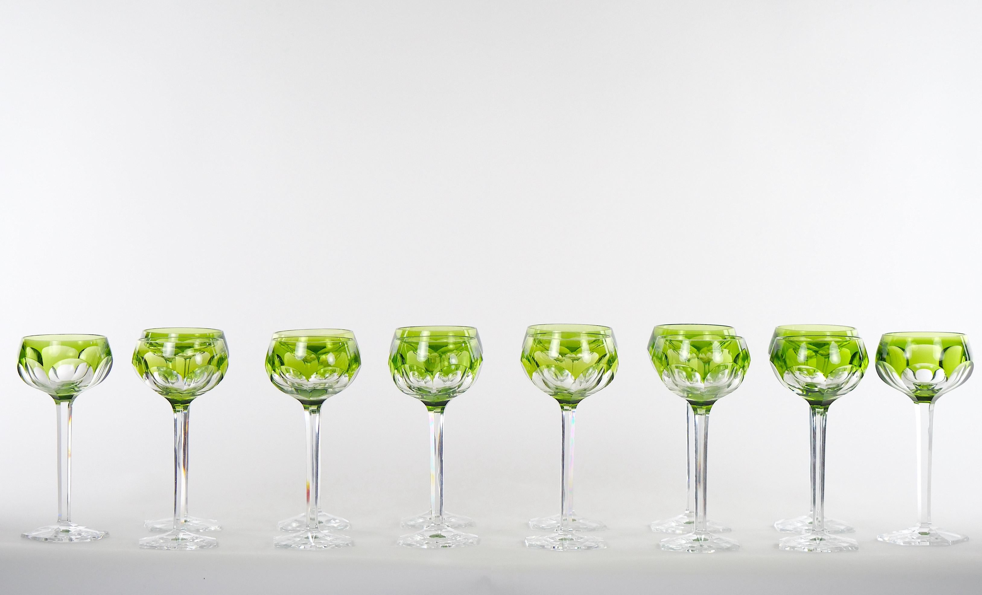 Set of 12 Moser Intaglio Cut Art Nouveau Green Shaded to Clear Wine Goblets For Sale 8