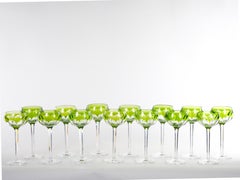 Set of 12 Moser Intaglio Cut Art Nouveau Green Shaded to Clear Wine Goblets