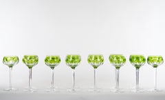 Set of 12 Moser Intaglio Cut Art Nouveau Green Shaded to Clear Wine Goblets