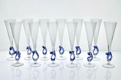 Set of 12 Murano Glass flutes with wave sculptural element by Cenedese