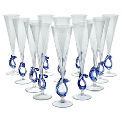 Set of 12 Murano Glass flutes with wave sculptural element by Cenedese