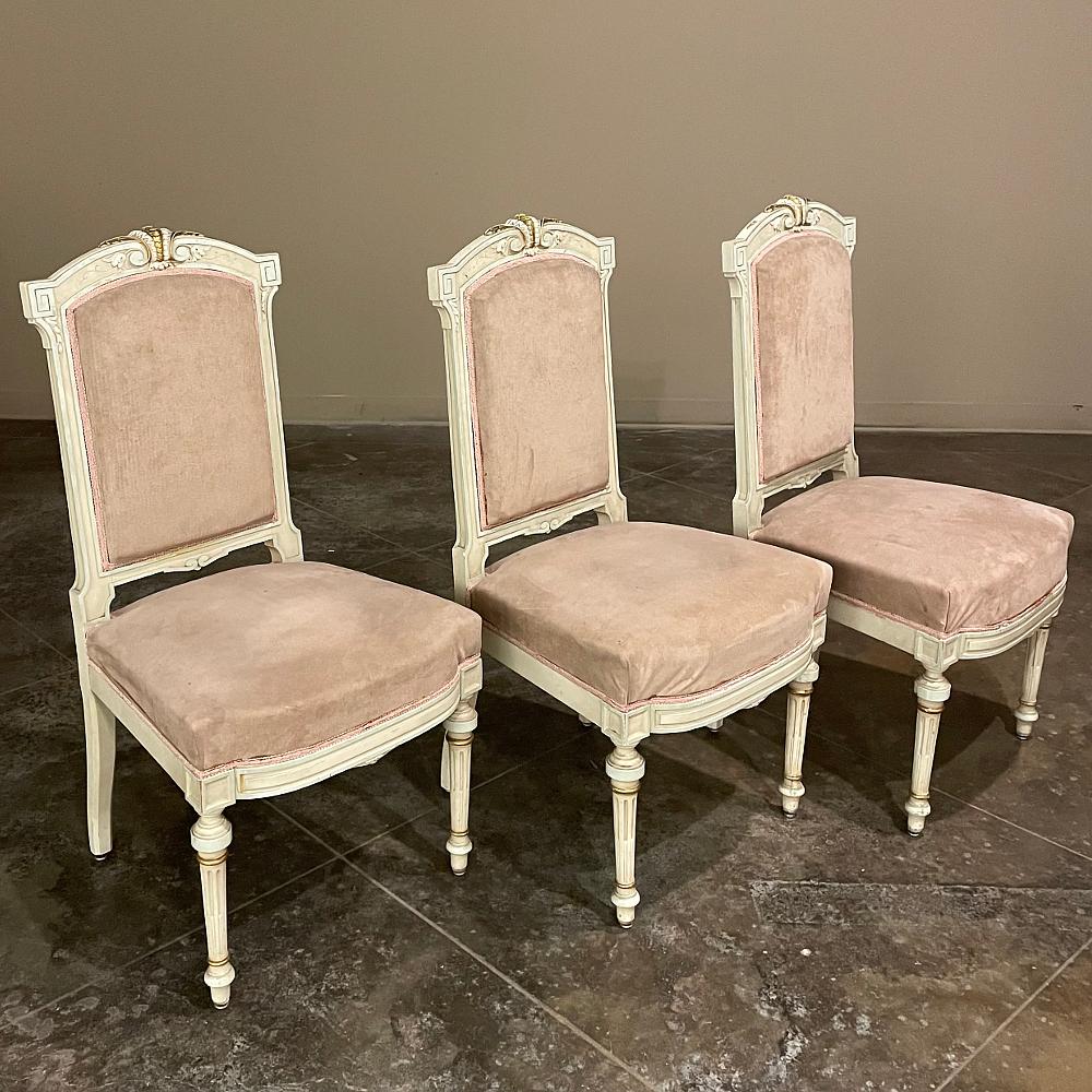 Hand-Carved Set of 12 Napoleon III Period Painted Dining Chairs For Sale